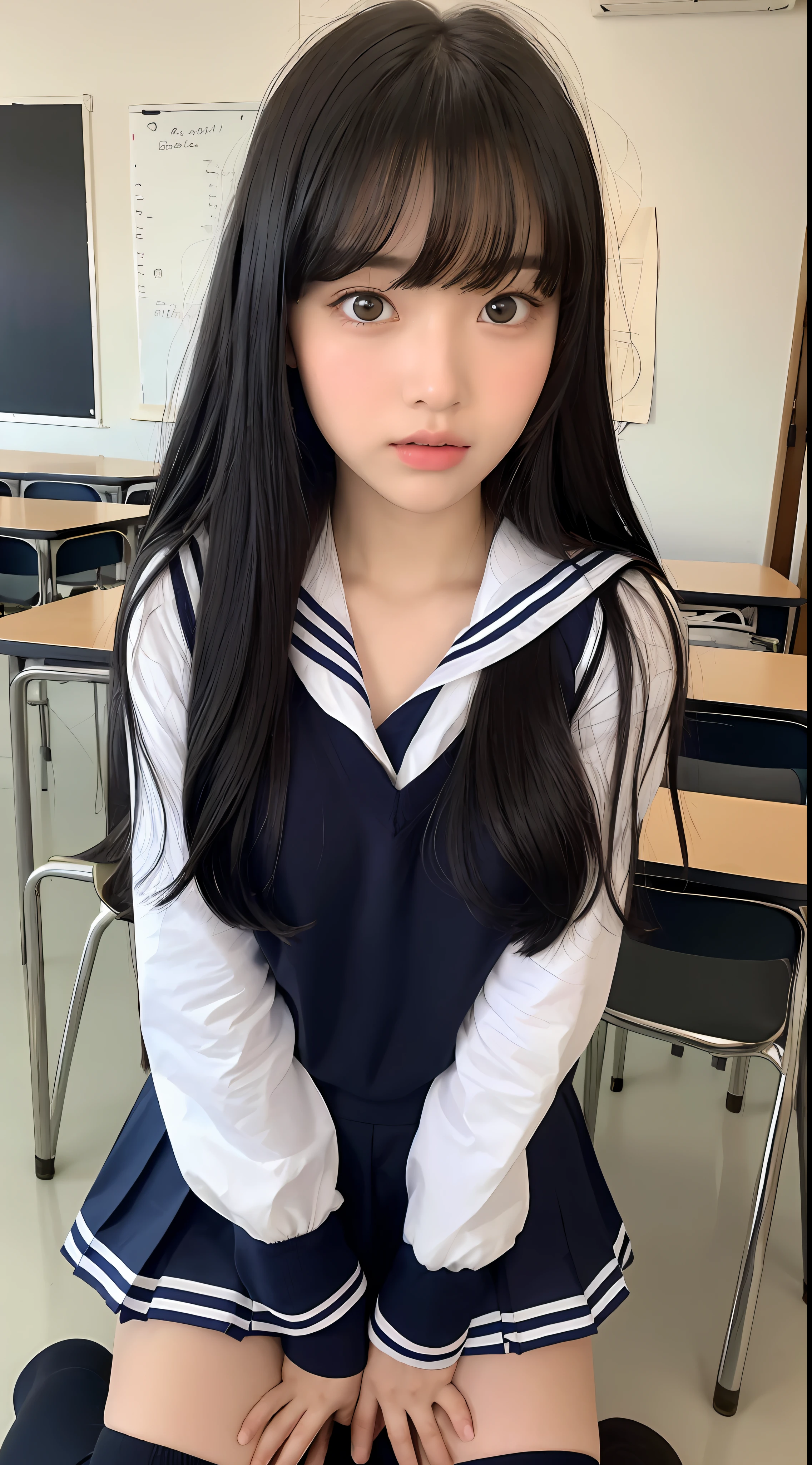 (Best quality, 8k, masterpiece: 1.3), a Pretty Girl with perfect figure:1.4, (high-school student, teens), (summer school uniform, sailor uniform, mini skirt, scarf, school knee-high socks), (black hair, long hair), (black eye), (small breasts), (blunt bangs:1.2), (high school, classroom), highly detailed face and skin, detailed eyes, double eyelids