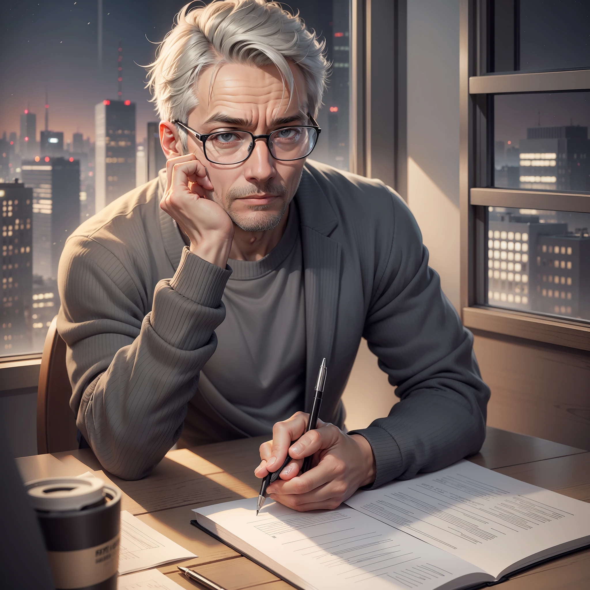 Realistic image of a man with short, gray hair, wearing glasses, wearing a black sweatshirt, sitting at a desk, holding a pen before his face, 5 fingers, perfect fingers, surprised expression, setting of a night office, night buildings in the landscape through the window