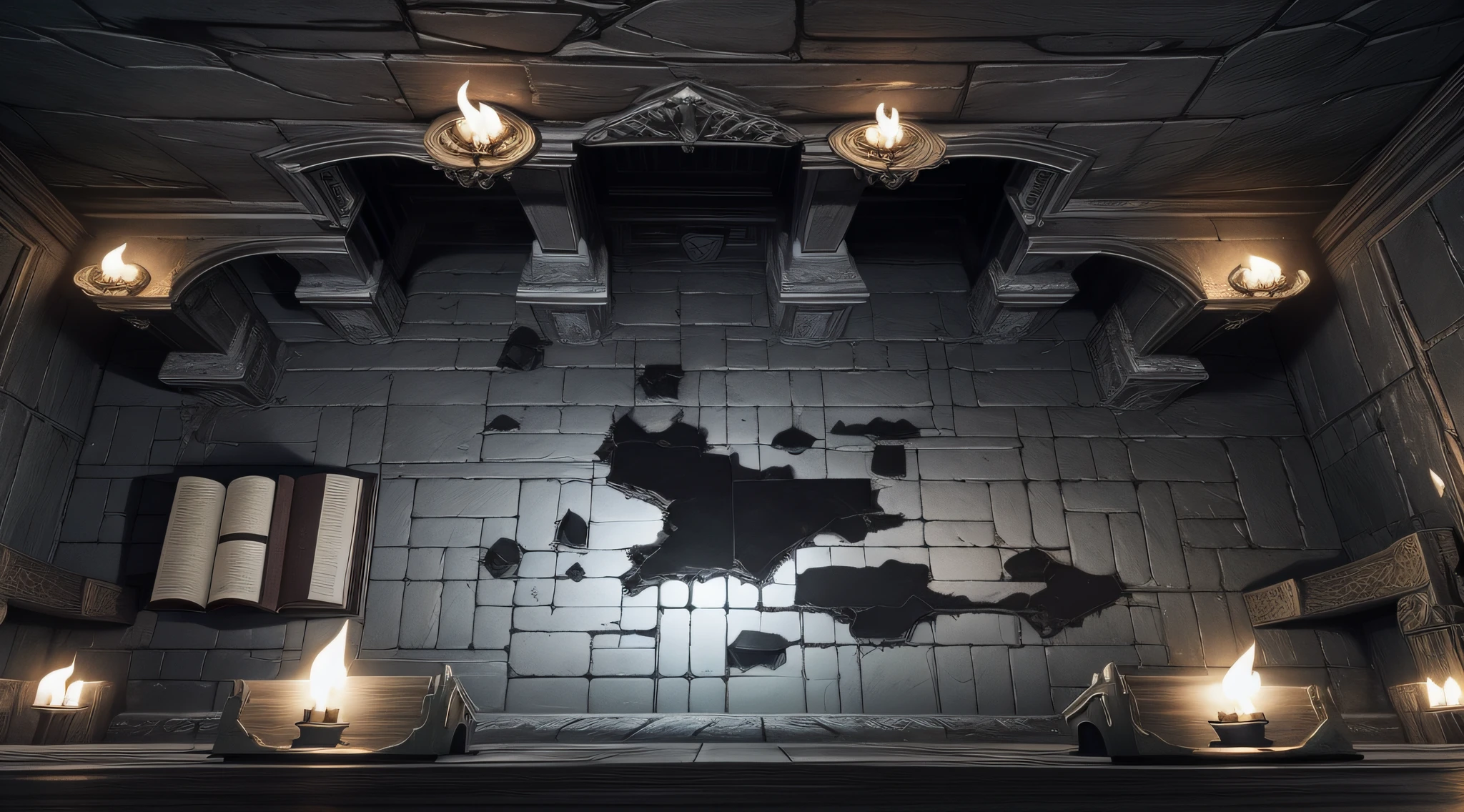 Castle room with melted candle on the walls, RPG scenery map, top perspective, dark, low lighting, realistic air