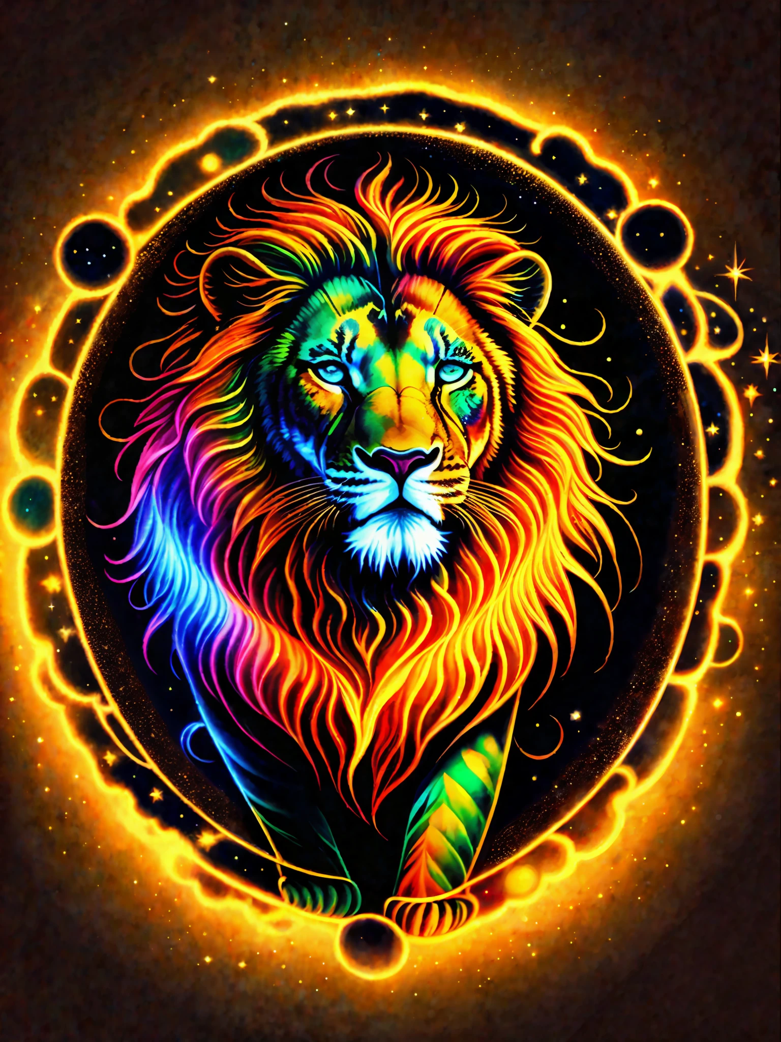 a painting of the planet Jupiter colored on a black background,, breathtaking rendering, within a radiant connection, inspired by Kinuko Y. Craft,, magical elements, lion icon of the tribe of Judah, wow, is beautiful, casting a multi colored spell, bright flash, flash