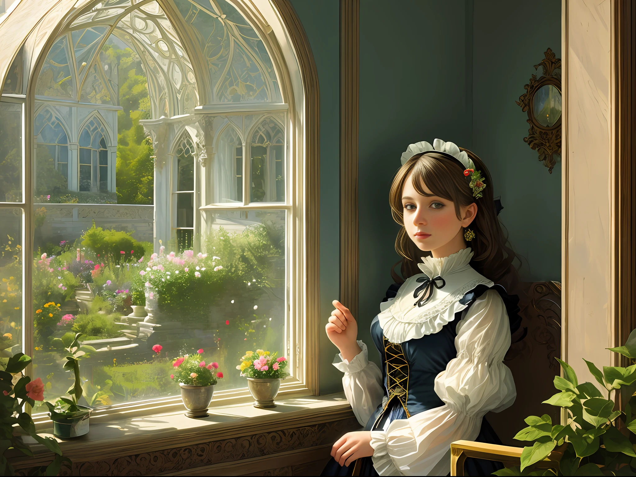 masterpiece, very detailed, ultrarealistic, 4k, 8k, detailed background, Victorian style,
(garden seen from the window on the second floor of the Royal Palace), (in the door),
(by the window), (girl looking out by the window), (upper body),