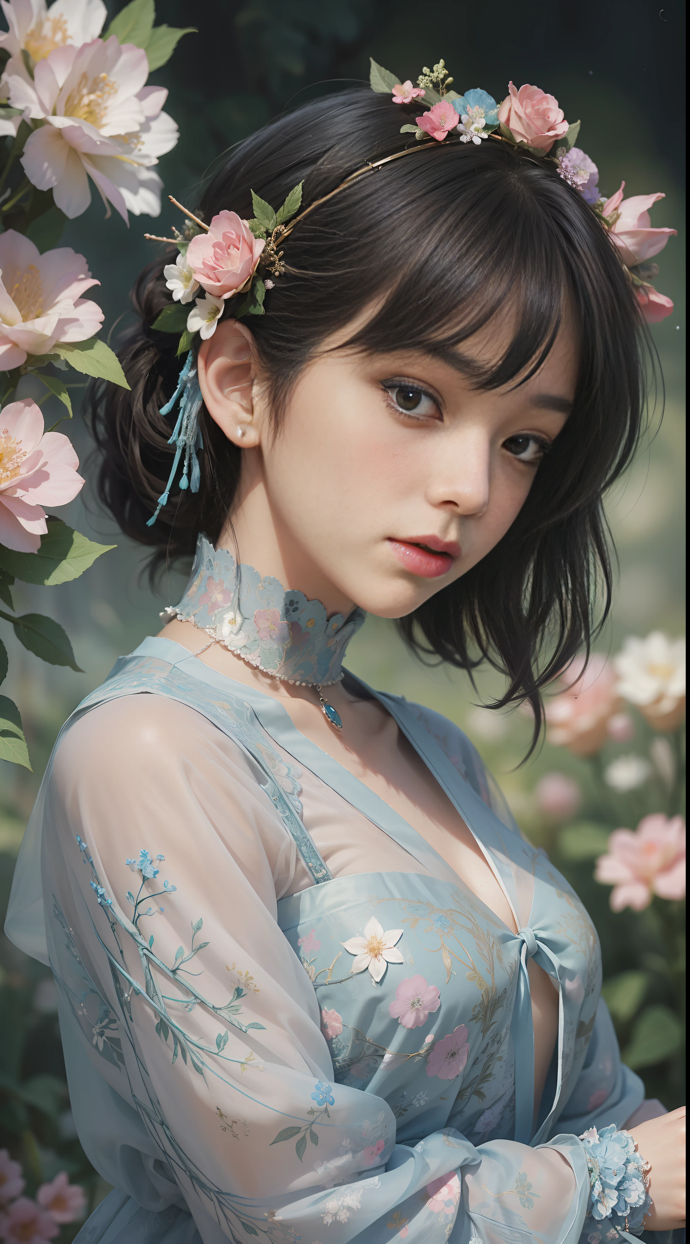 mystical ethereal floral garland fashion, ultra-sharp intricate details, dynamic composition, unusual angle, bokeh::4 artwork by Rinko Kawauchi:: artwork by Petra Collins:: artwork by Brandon Woelfel:: artwork by Mika Ninagawa::0.5 artwork by Nobuyoshi Araki::0.5
