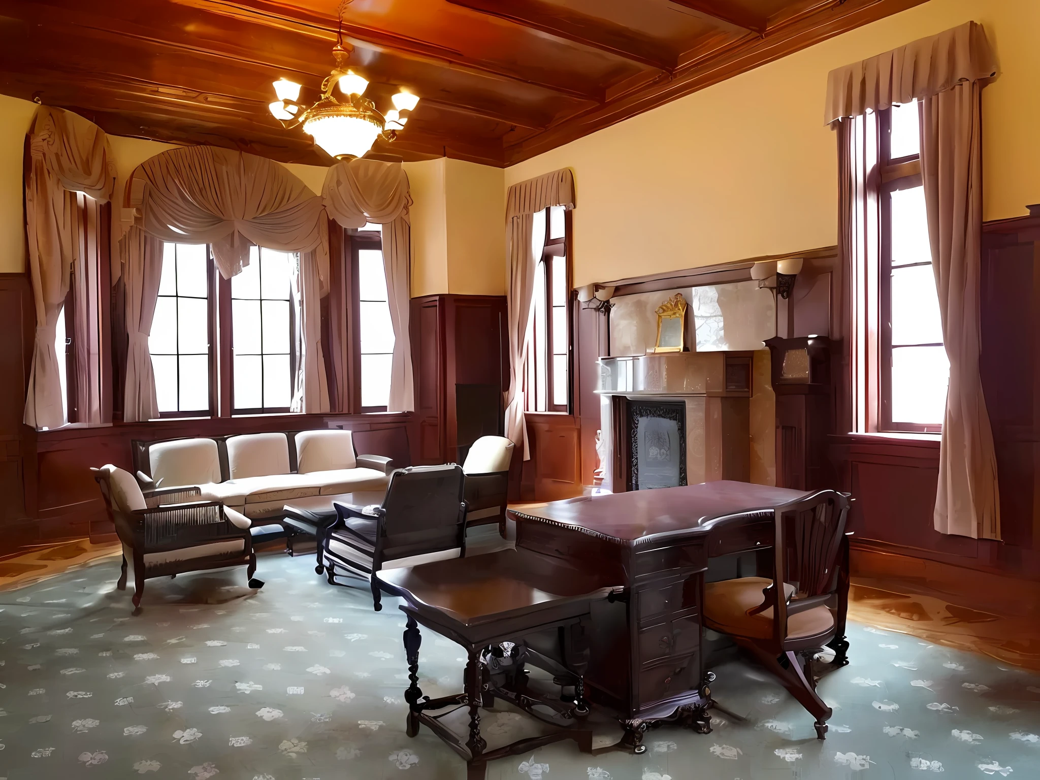 Room with sofa, chair and table, courtroom, house interior, elegant interior, magnificent interior room, room interior, room interior, warm lit luxury study, historical background, interior photography, Victorian room, lounge room, parlor, 1 9 2 0 s room, interior view, illustration, CG
