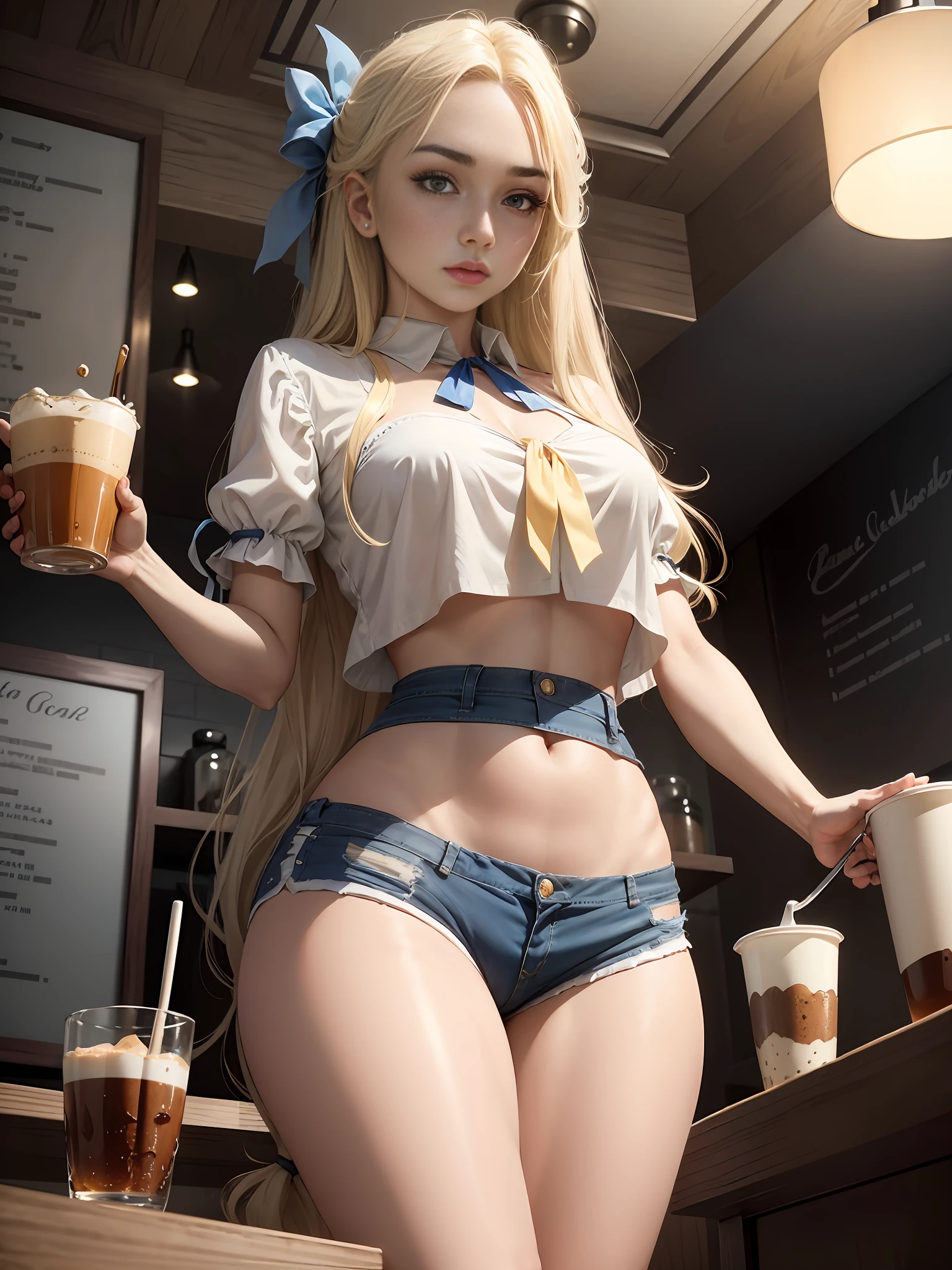 1girl, white skin, mature, yellow really long hair, thick eyebrows, blue colored eyes, mole below eye, thirsty, blue cropped blouse with ribbon, white silk shorts with side slits, well built, small waist, widest thighs, wide thigh gap, one hip forward, standing, in coffee shop, shot from below, 8k, photorealistic
