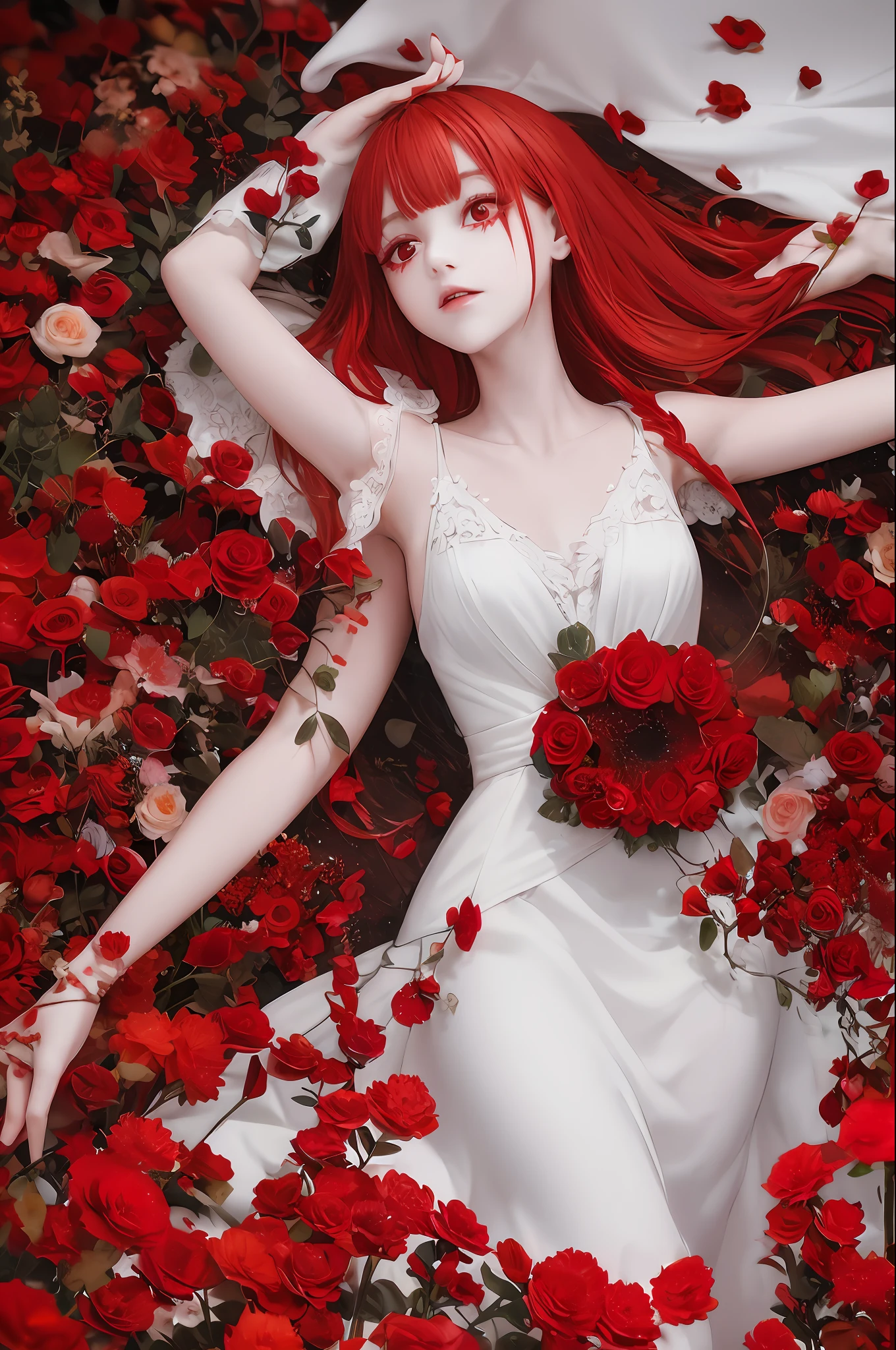 (very delicate and beautiful), (grotesque), (red flower) ground, blood, raw, (white dress) (red hair) (red eyes) (concrete) (ground)