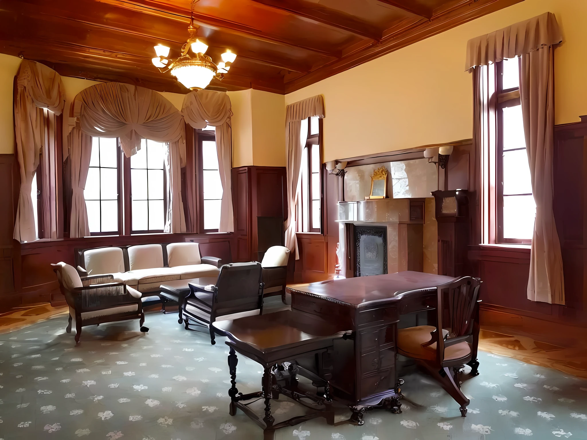 sunrise, sunlight, room with sofa, chair, table, courtroom, home interior, elegant interior, magnificent interior room, room interior, room interior, warm illuminated luxury study, historical background, interior photography, victorian room, lounge room, parlor, 1 9 2 0 s room, interior view, illustration, cg