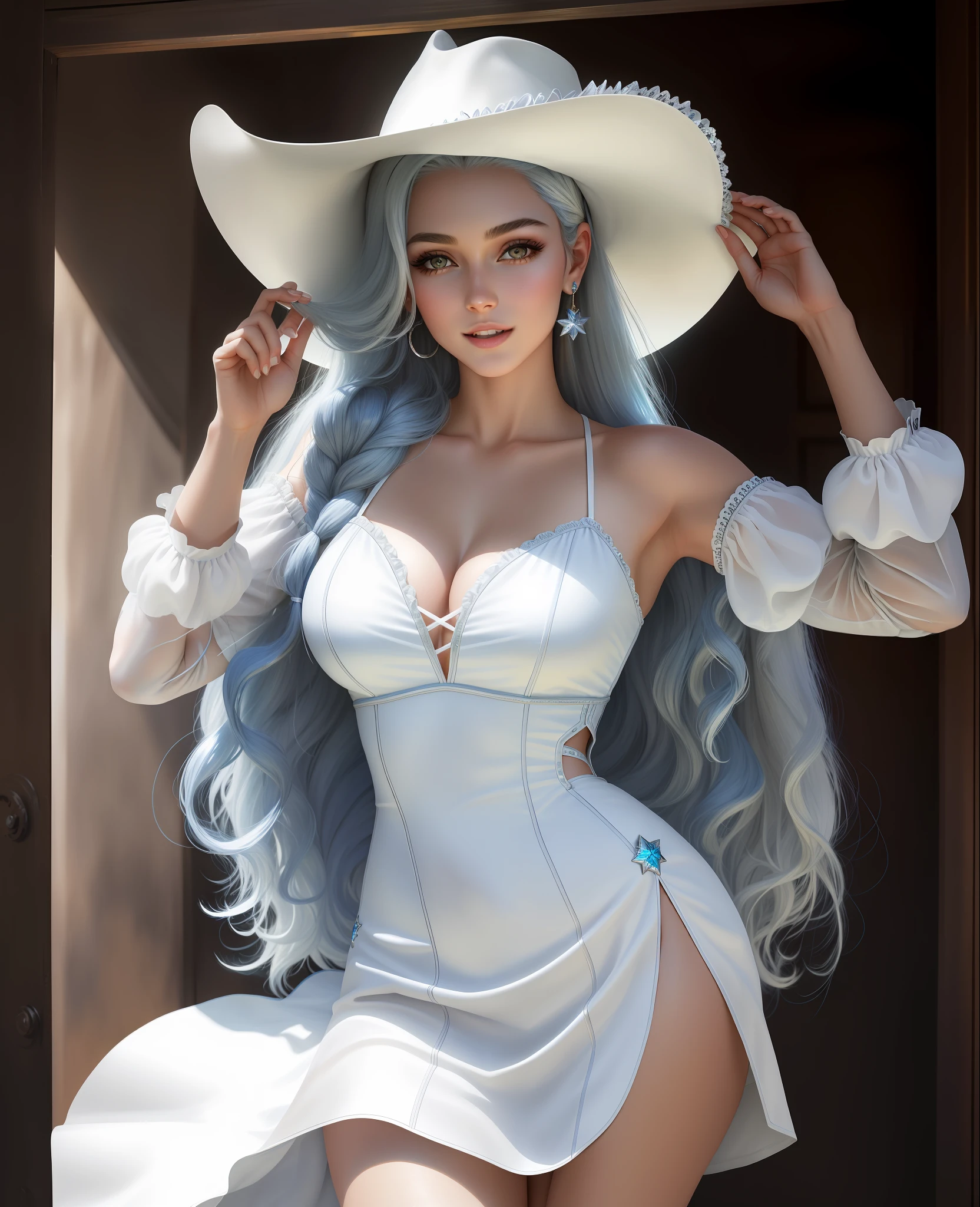Brazilian best quality, long blue hair, ultra high res, (photorealistic: 1.4), 1girl, silver dress, white teeth, slightly open mouth, warm tone cinema light, (slightly turned body: 1.4) PureErosFace_V1, white tite, cowgirl, heavy eye makeup, erotic pose