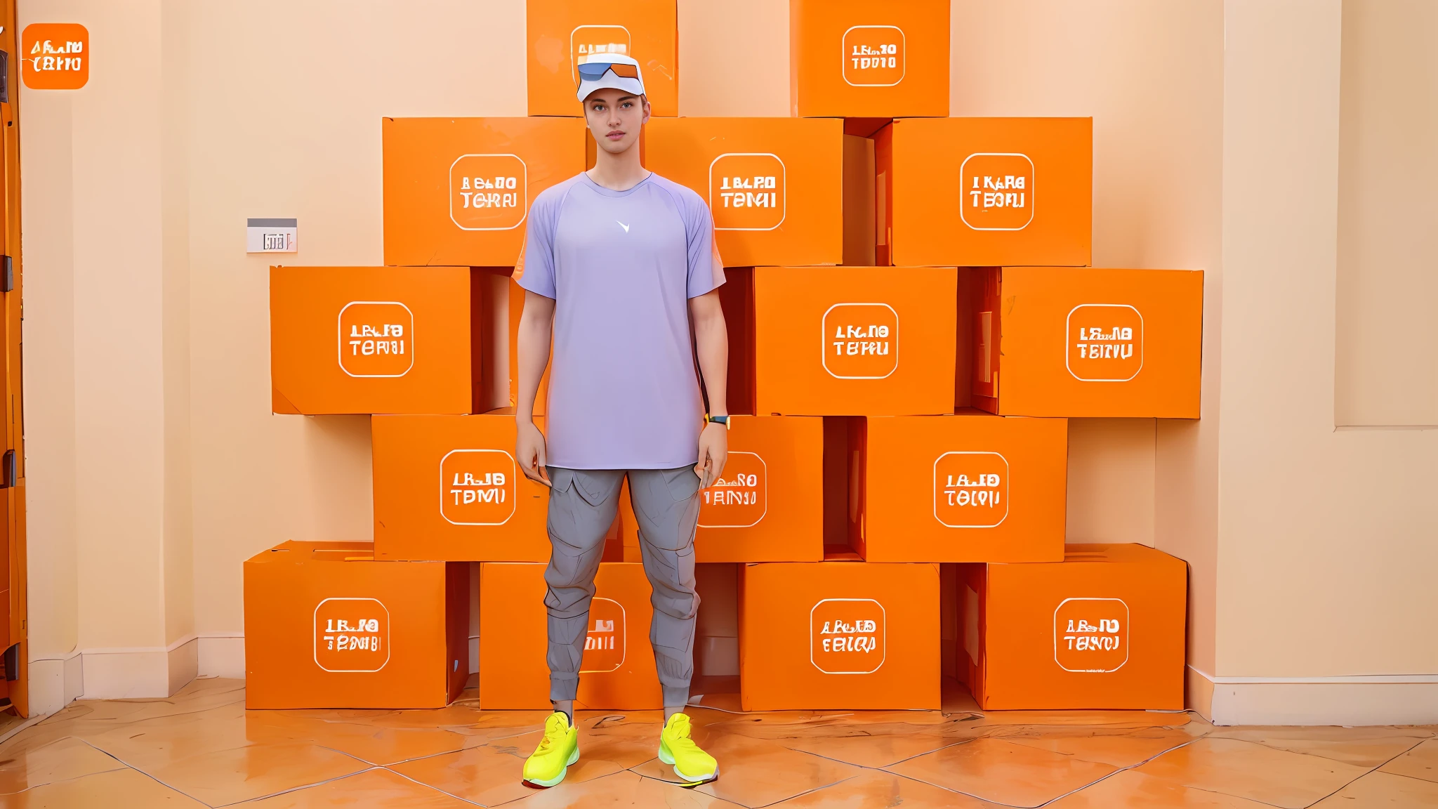 arafed man standing in front of a stack of orange boxes, in front of an orange background, blippi, h3h3, wearing nike air mags, linus from linustechtips, jerma in a liminal space, focus on sneakers only, flume, bladee from drain gang, twitch streamer / gamer ludwig, fullbody photo