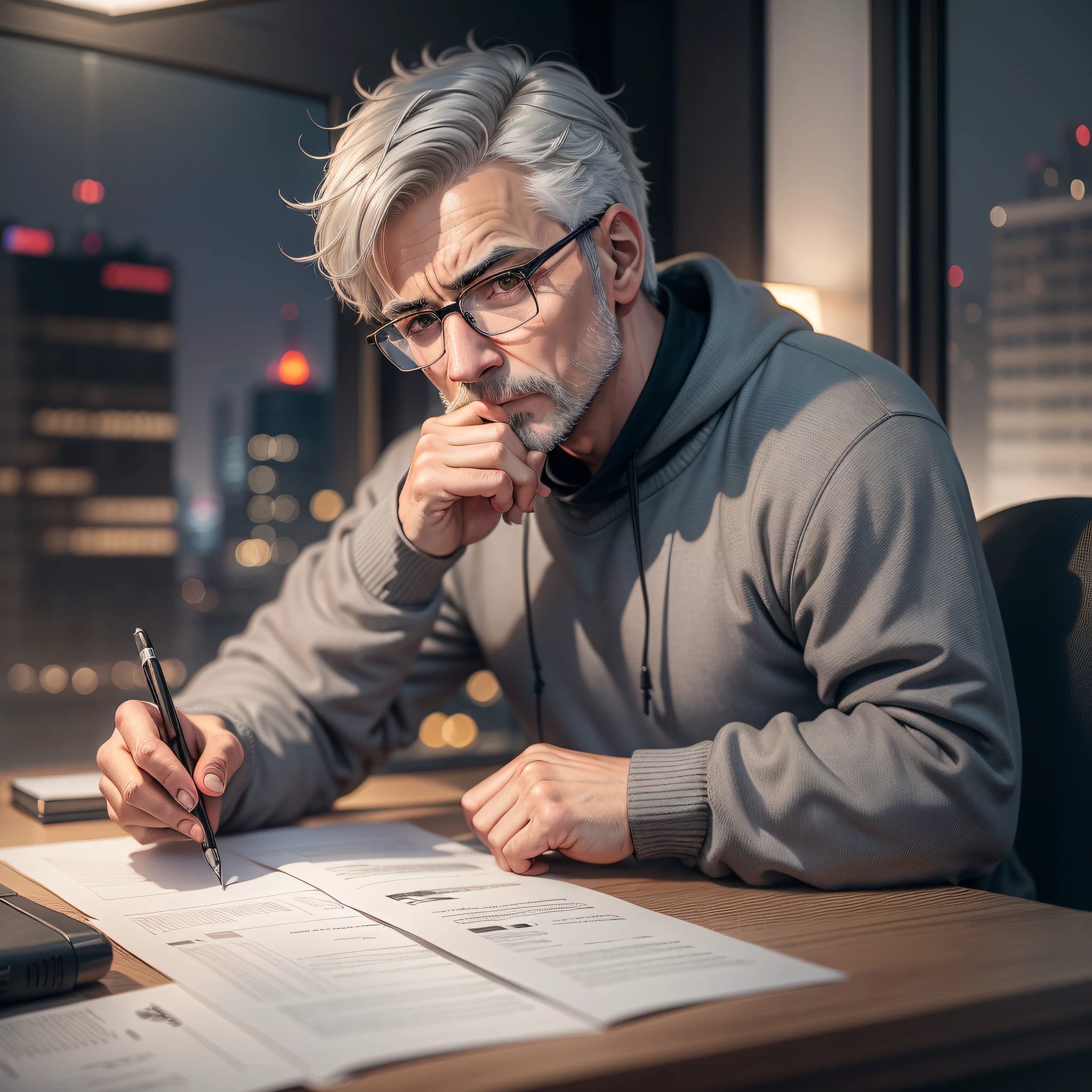 Realistic image of a man with short, gray hair, wearing glasses, wearing a black sweatshirt, sitting at a desk, holding a pen before his face, 5 fingers, perfect fingers, surprised expression, setting of a night office, night buildings in the landscape through the window