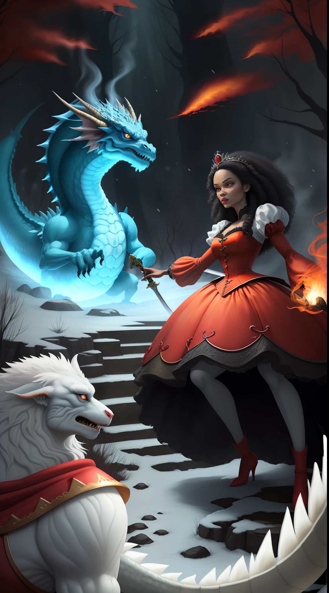 A beautiful 25-year-old Disney Afro princess, the Afro Snow White picks up a sword and fights the dragon wearing a crown in the forest with many cute animals near her., Many flowers of various colors. A sunny day. with a river and a fairytale castle in the background. Walt Disney cartoon style masterpiece style, various angles looking at the camera, big orange and red roses, 3, cute animals, very scared, seeing something scary approaching. Detail of the angle, on his terrified face. In the background, behind snow white Appears a huge frightening dragon: epic photograph:1.3) (in the smoke with steaming embers (embers:1.2) shining in his nostrils and low flames shining in his mouth, (detailed bright eyes:1.1) with haunting look (HyperSmoke:0.4) (Unddep_768:0.4). Snow White fights the dragonO. It's autumn, there's no snow.