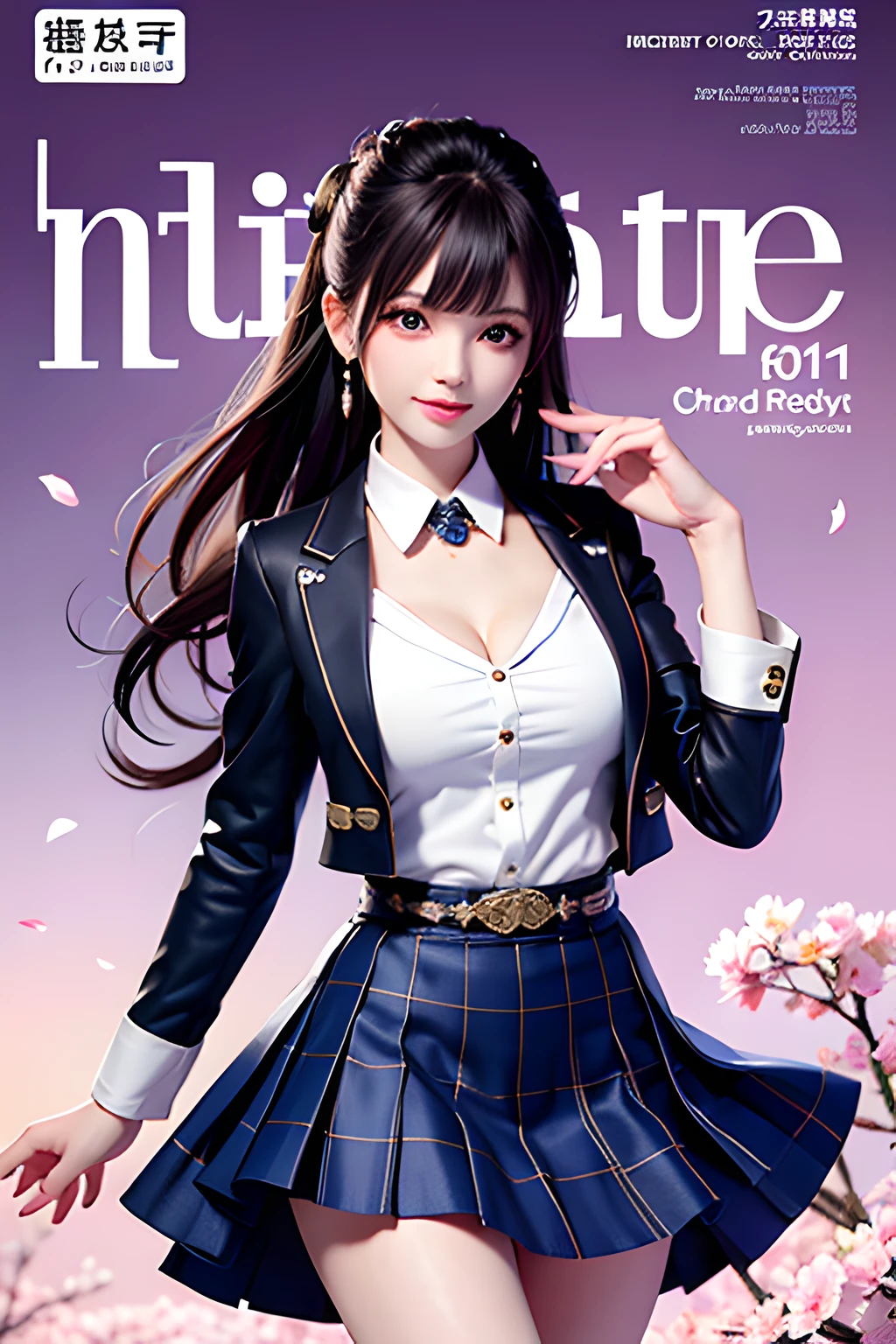 Masterpiece, Superb Style, Full Body, 1Girl, Bangs, Black Choker, Black Tie, Blonde Hair, Blue Skirt, Blush, Bracelet, Beautiful Breasts, Choker, Waist Dress, Collarbone, Collared Shirt, Denim Photos, Dress Shirt, Ear Piercings, Eyebrows Visible Through Hair, Gradient Hair, Grin, Gyaru, Jewelry, Kogal, Long Hair, Looking at the Audience, Loose Tie, Tie, Piercing, Plaid Skirt, Plaid Skirt, Pleated Skirt, Red Eyes, Ring, School Uniform, Shirt, Skirt, Smile, solo, white shirt, street, sky, cherry blossoms, petals, illustration, (magazine: 1.3), (cover style: 1.3), fashion, woman, vibrant, attire, pose, front, colorful, dynamic, background, element, confident, expressive, hold, statement, attachment, majestic, coiled, around, touch, scene, text, cover, bold, eye-catching, title, fashion, font, catchy, title, bigger, eye-catching, modern, stylish, focused, stylish, black stockings