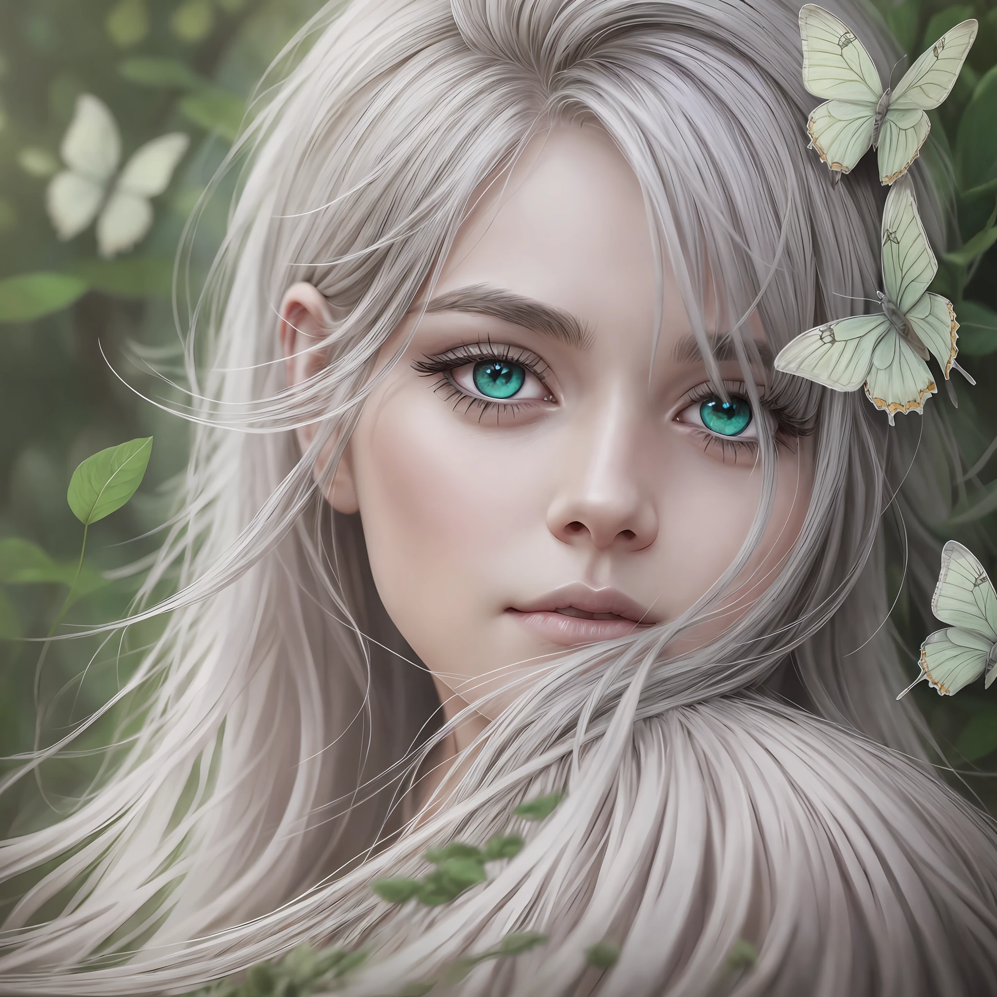 Drawing, realistic fantasy, clarity, detail 8kk, solo, portrait, guy,  1 yeahort light gray hair, (hair detailing), big green eyes, (fine eye detailing), thick eyelashes, (eyelash detailing), meadow, white butterflies, (detailing the surrounding nature), 4kk - --auto --s2