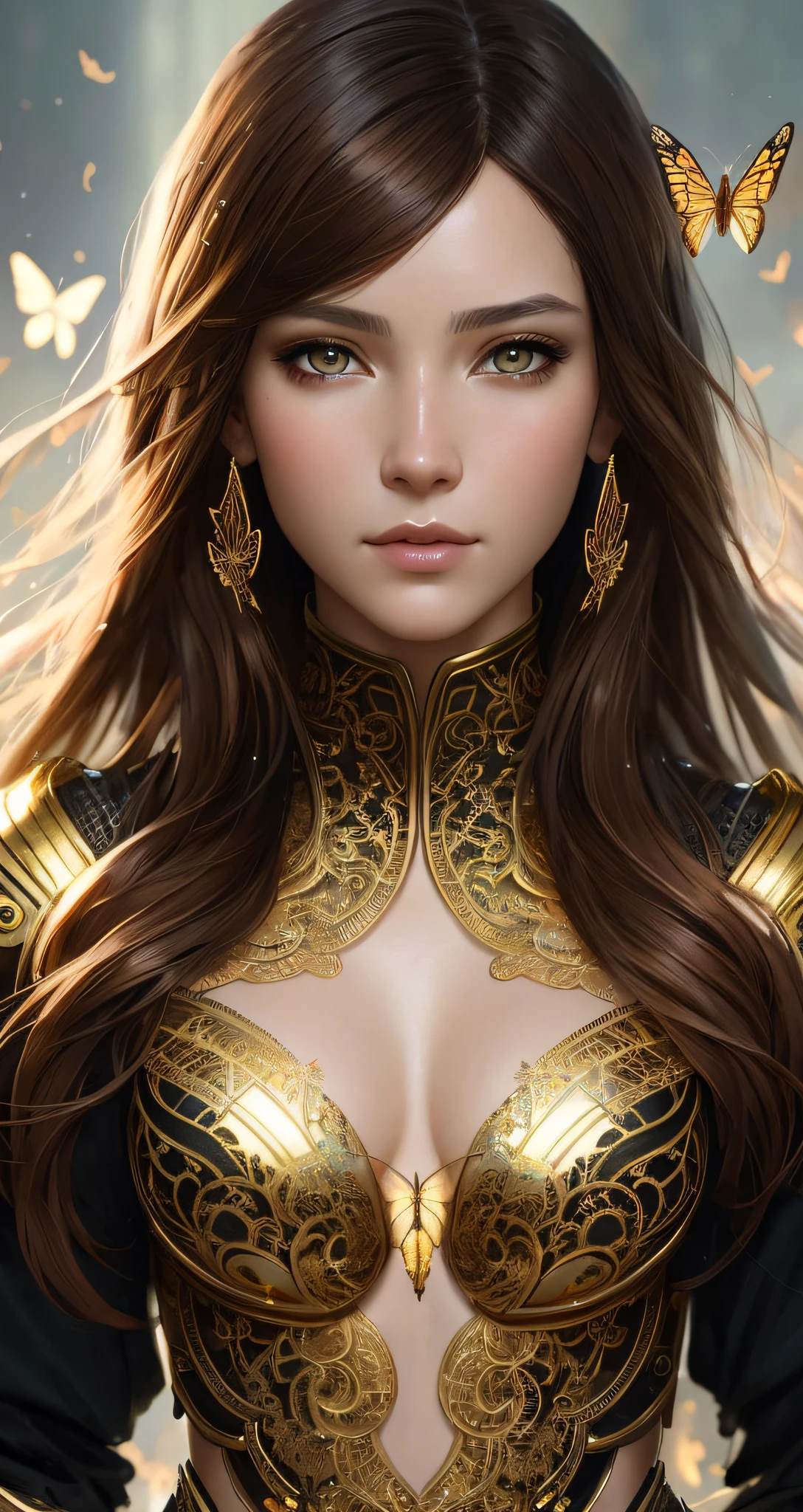 8k portrait of beautiful cyborg with brown hair, intricate, elegant, highly detailed, majestic, digital photography, art by artgerm and ruan jia and greg rutkowski surreal painting gold butterfly filigree, broken glass, (masterpiece, sidelighting, finely detailed beautiful eyes: 1.2), hdr