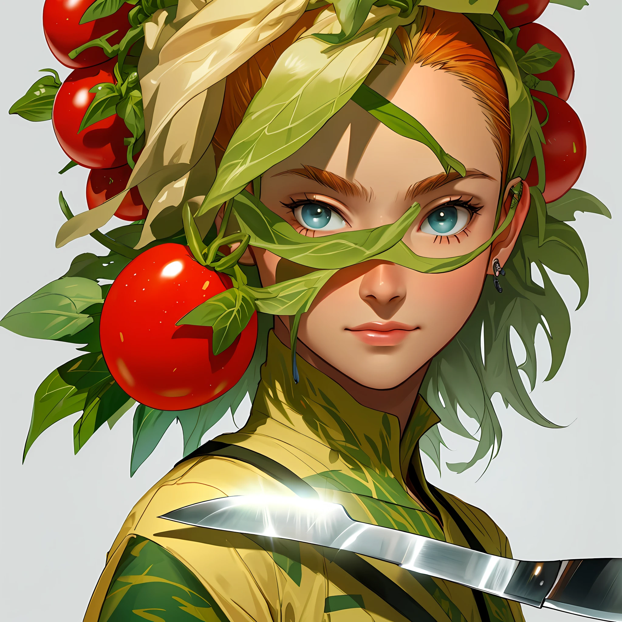 ((high quality)), ((masterpiece)), 8k, mutant tomato holding a knife