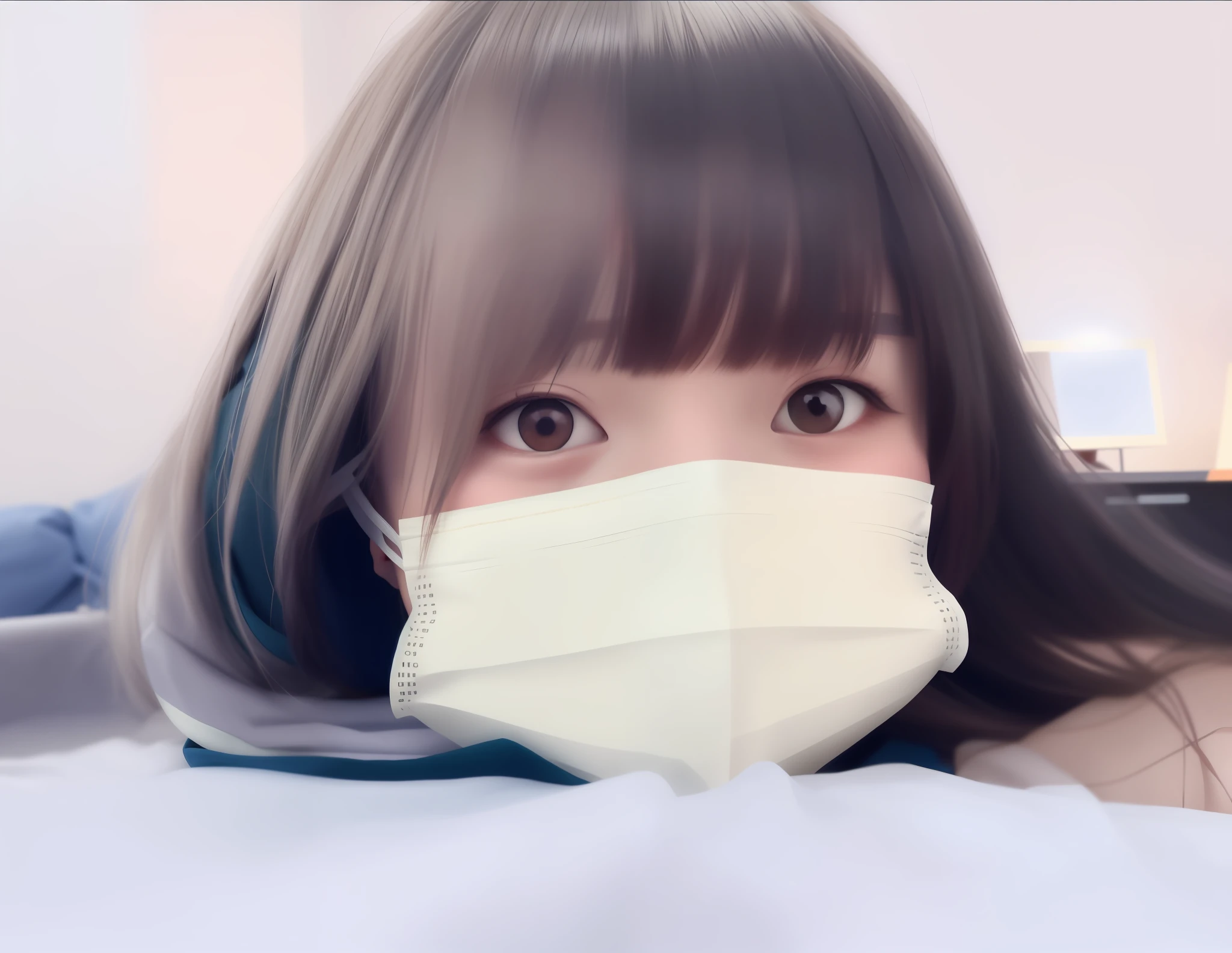Ala Fed woman in mask lying on bed, no face mask, Chiho, wearing a mask, Akasatana on Twitter, princess cut, surgical mask covering mouth, wearing a mask, Urzan, mask covers the whole face, clear cute face, Yoshitomo Nara, illustration style, anime character, manga retouching