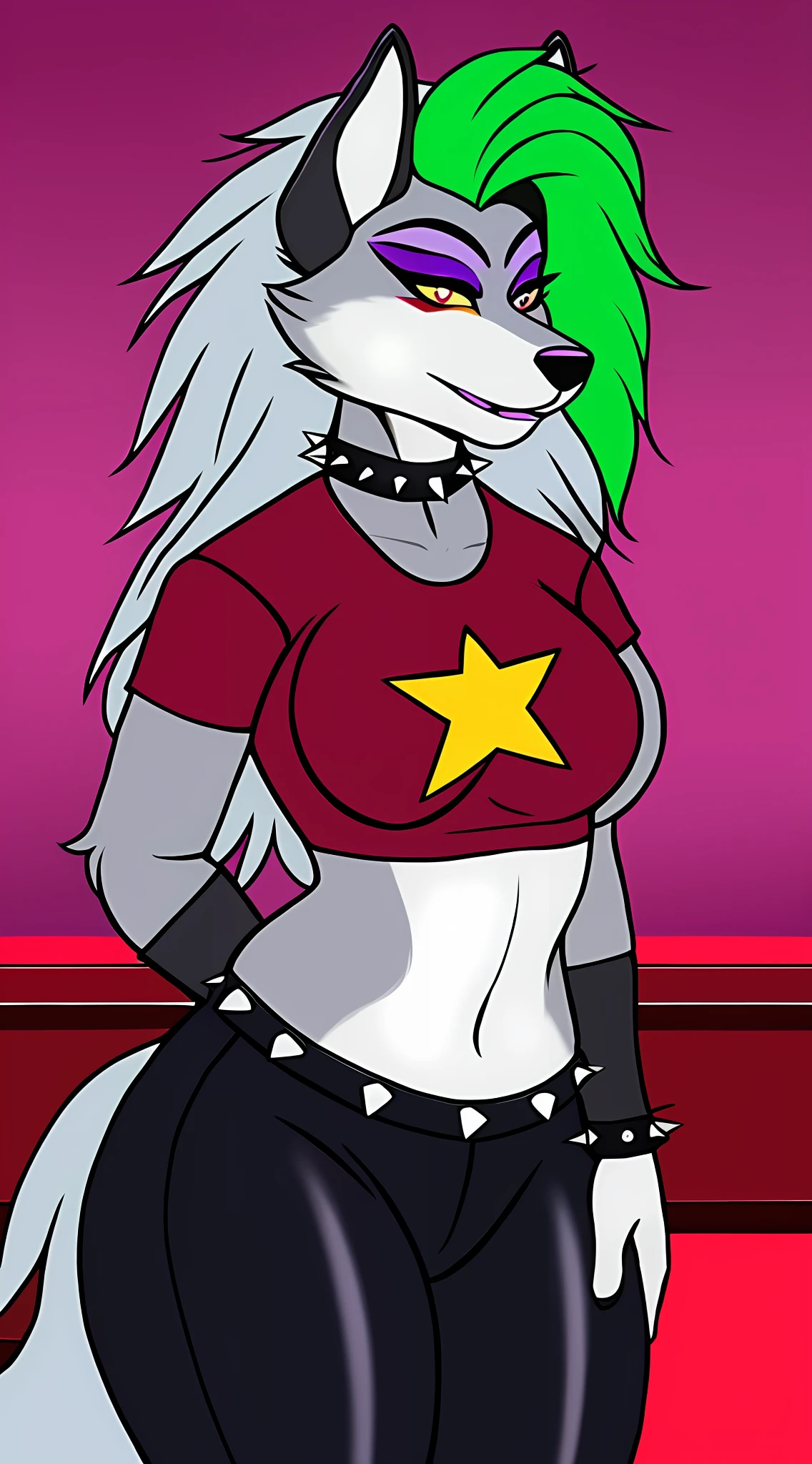 uploaded on e621, nsfw, raw photo, realistic, anthro, detailed face, detailed fur, snout, Roxanne Wolf, Roxanne, big breasts, clothed, Black shiny yoga pants, high res, high resolution, dark red office background, 2girl, Roxanne is a wolf with a punk rock aesthetic. Her eyes are bright yellow, while her fur is gray. She wears purple lipstick and toenail paint, green fingernail paint, and face paint with a series of black markings. Her hair is long and silver, with a bright green streak, there is a panel-like seam under her chest, as well as on both of her outer upper arms, She also has light grey markings on the inside of her ears, paw pads, around her muzzle, and on her belly. Her clothes consist of a red crop top t-shirt printed with some black star shapes that exposes her stomach, black earrings, bracelets around the wrists and neck, a spiked belt, red short-shorts, and red shoulder pauldrons.