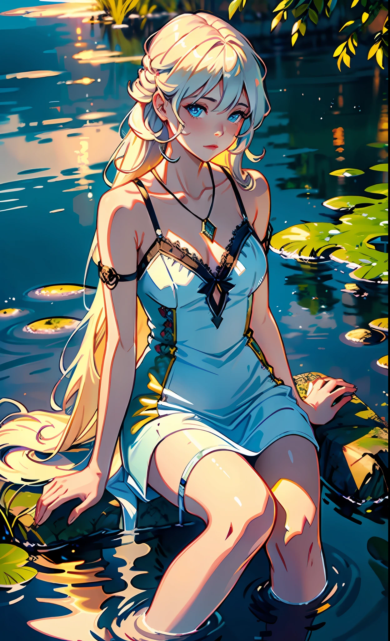 1 girl, serene expression, mesmerizing eyes, straight long hair, flowing dress, poised posture, porcelain skin, subtle blush, crystal pendant
BREAK
golden hour, (rim lighting):1.2, warm tones, sun flare, soft shadows, vibrant colors, painterly effect, dreamy atmosphere
BREAK
scenic lake, distant mountains, willow tree, calm water, reflection, sunlit clouds, peaceful ambiance, idyllic sunset, ultra detailed, official art, unity 8k wallpaper
, zentangle, mandala