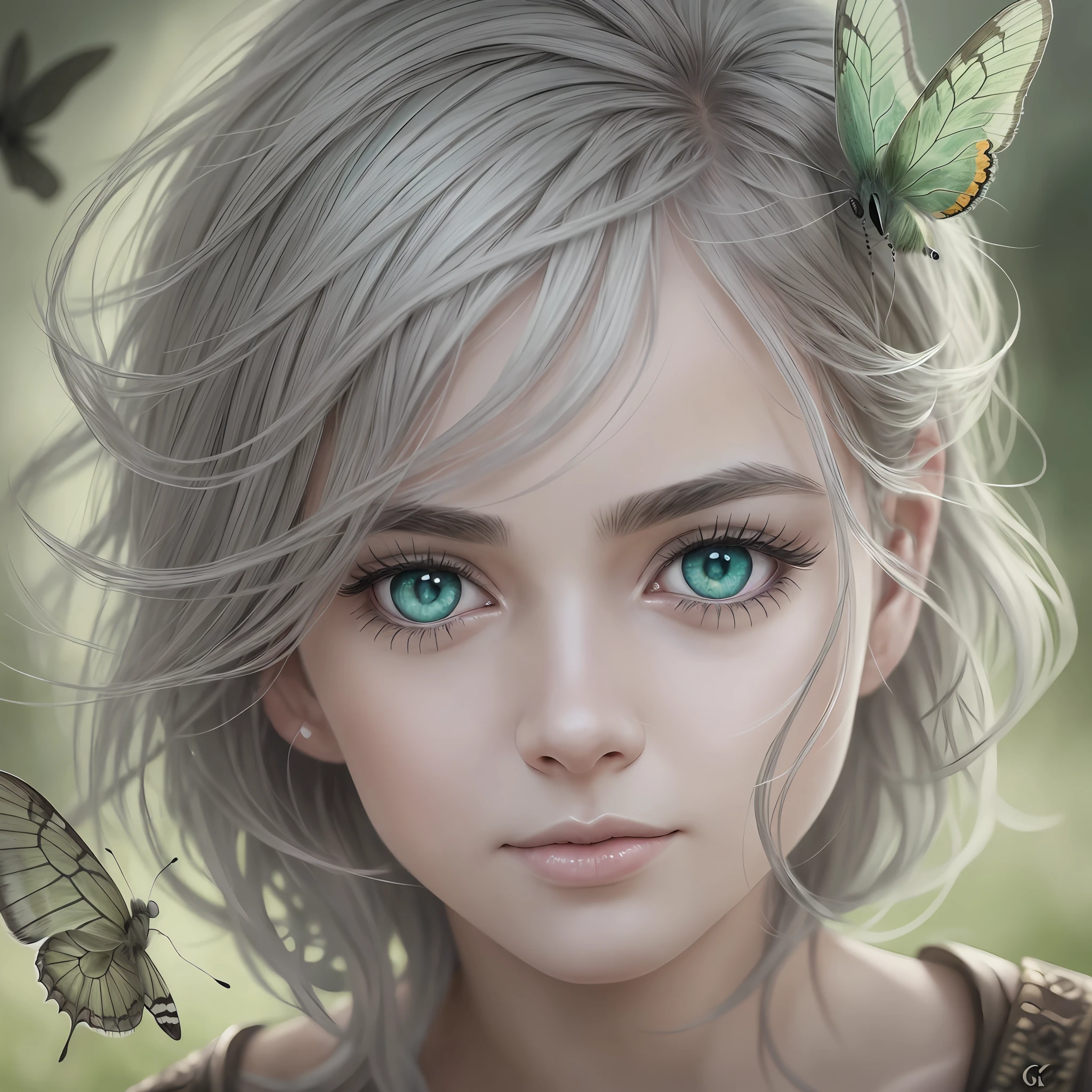 Drawing, realistic fantasy, clarity, detail 8kk, solo, portrait, guy, age 1 year, short light gray hair, (hair detailing), big green eyes, (fine eye detailing), thick eyelashes, (eyelash detailing), meadow, white butterflies, (detailing the surrounding nature), 4kk - --auto --s2