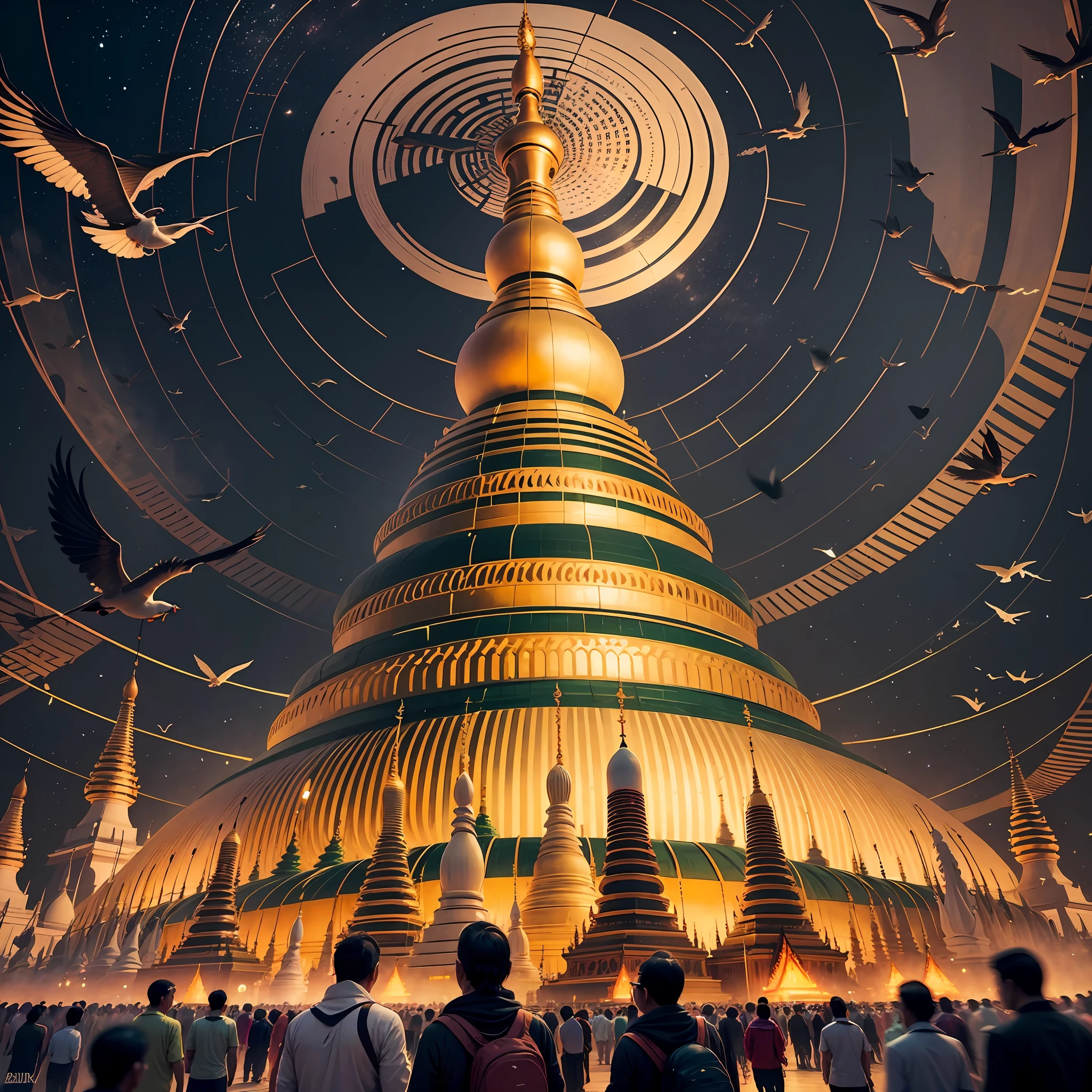Shwedagon Pagoda,Night view,Birds are flying in above of Shwe dagon, and Shwe dagon around many people are standing ,out of the round of shwe dagon,many bulding have --auto --s2