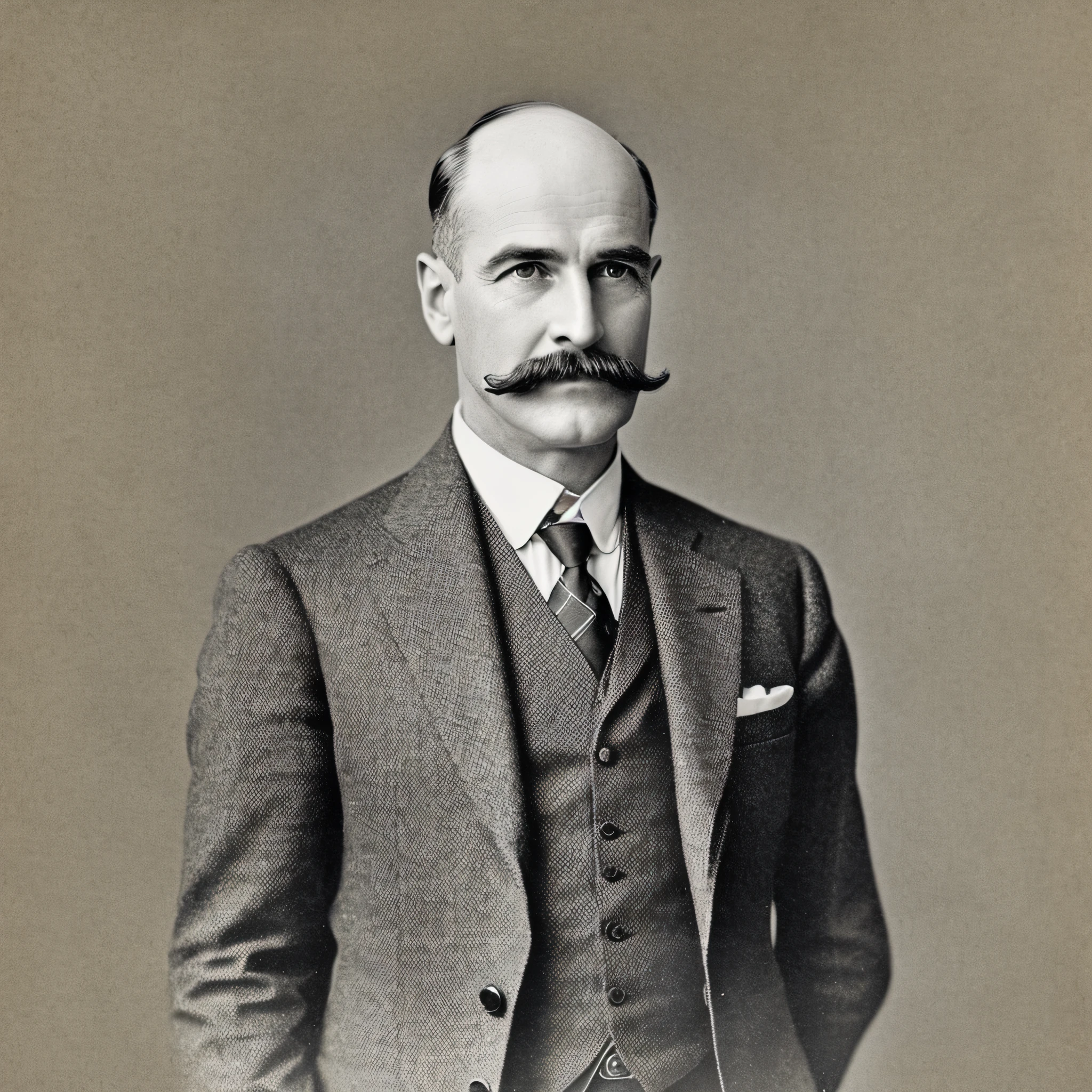 Man in suit, 49 years old, 1920s, English man, mustache, bald head, old photo impression, black and white, formal clothes --auto --s2