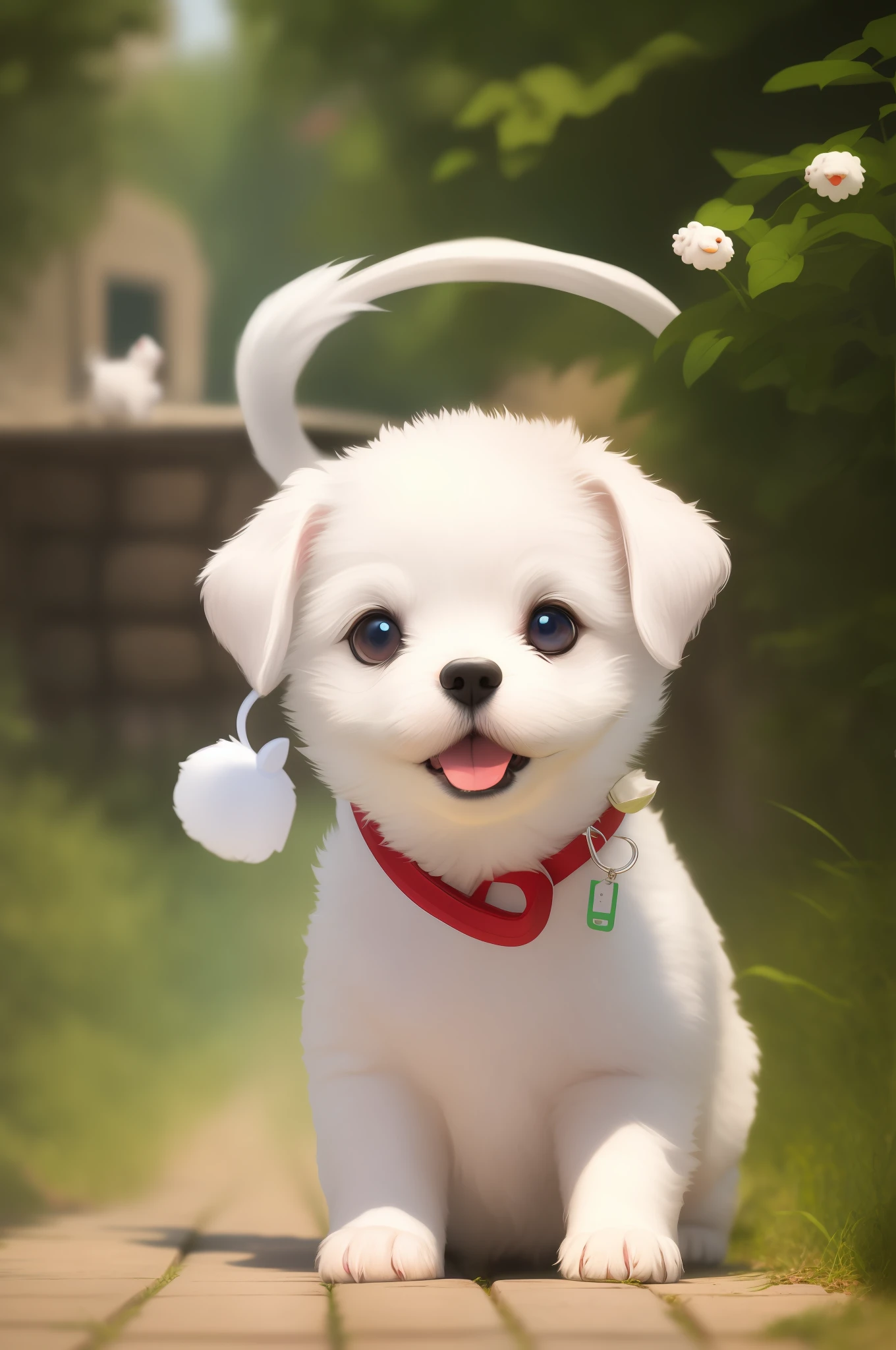 "A white puppy is sticking out of the bag"