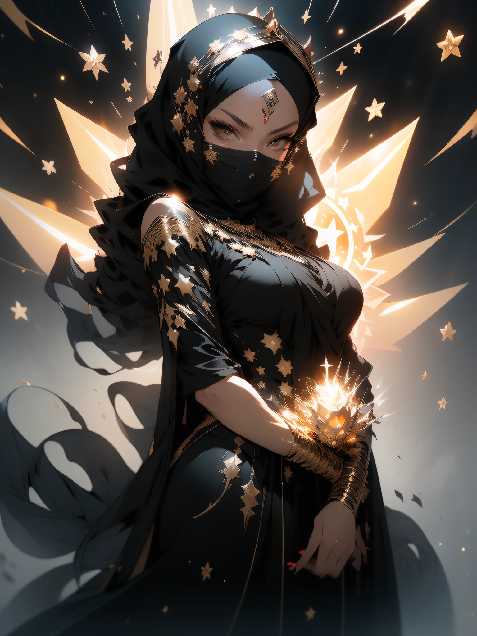 ((Best quality)), ((masterpiece)), (detailed: 1.4), (Absurd), angry princess, (((action pose)), (((Muslim woman wearing long black dress with golden ornaments and face covered)))), (((back))), ready for war, dark skinned, Middle Eastern woman, sculptural body with defined muscles, closed mouth, muscular body covered by a Hoyoverse-style technological dress, Honkai Impact, Geishin Impast, technological veil covering the face, Veil covering the head, whole body covered by clothing, holding two scimitars, ((small breasts)), (eyes with heavy makeup and very black without pupils), ((black and gold clothing with small red details)), (((short black hair)), (Arabic inscriptions on the arms), (((drawings of golden stars on the arms)), very long eyelashes, heavy eye makeup, lots of jewelry, by mucha, niji --V5, near real, psychopathic, crazy face, sexy pose, background with a giant Gundam style robot head, 2 piece clothing, diamond shoulder pads, pastel, centered, scale to fit dimensions, HDR (High Dynamic Range),Ray Tracing,NVIDIA RTX,Super-Resolution,Unreal 5,Subsurface dispersion, PBR texture, Post-processing, Anisotropic filtering, Depth of field, Maximum clarity and sharpness, Multilayer textures, Albedo and specular maps, Surface shading, Accurate simulation of light-material interaction, Perfect proportions, Octane Render, Two-tone lighting, Wide aperture, Low ISO, White balance, Rule of thirds, 8K RAW, crysisnanosuit