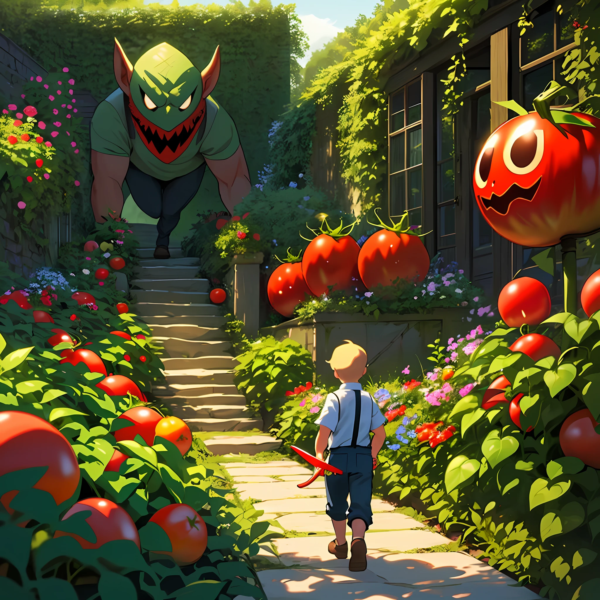 You're walking through your garden when you suddenly encounter a giant, menacing tomato holding a sharp knife. The tomato seems to have a malevolent expression and is moving towards you. You quickly realize that you need to act before it's too late.
