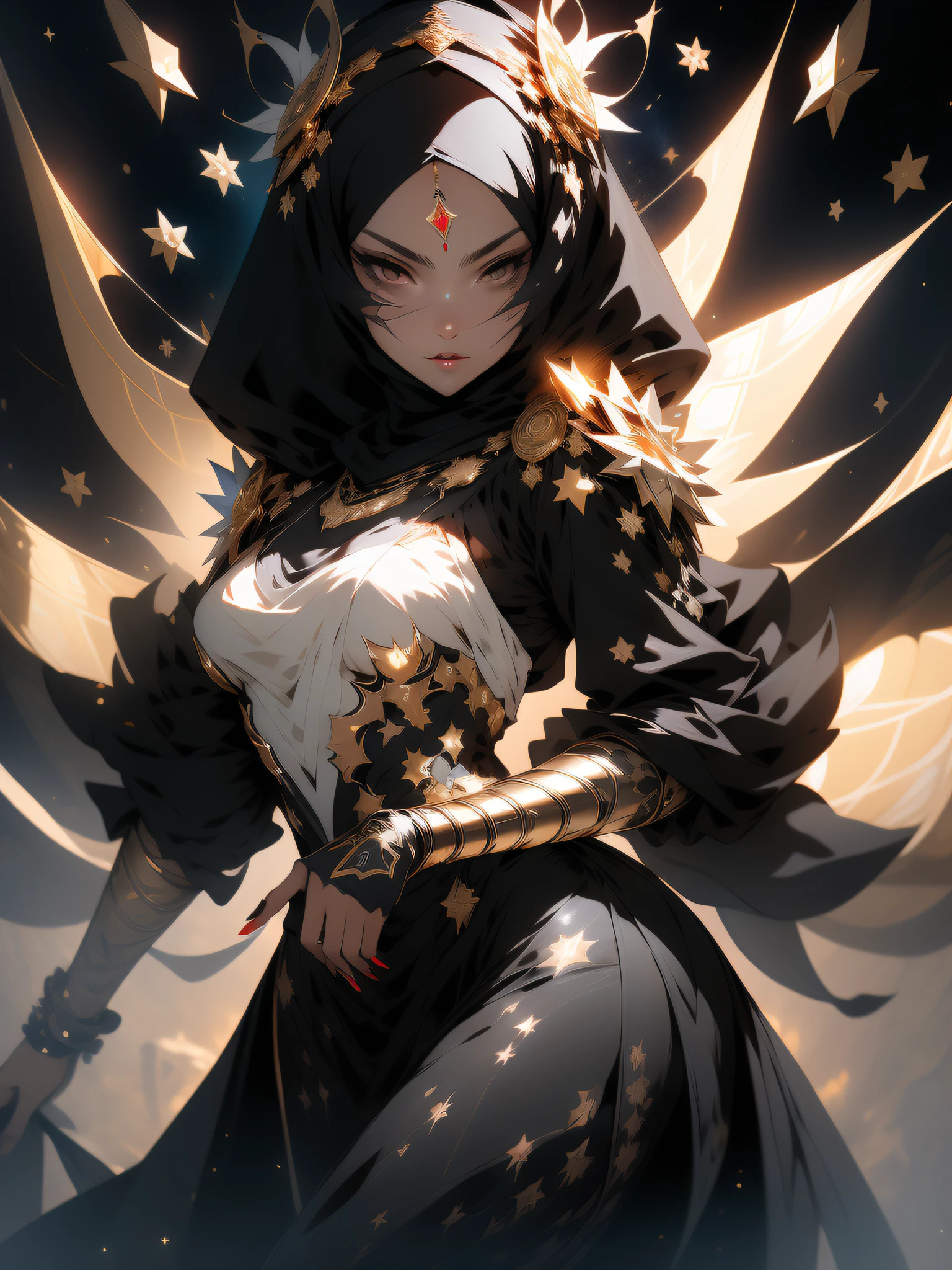 ((Best quality)), ((masterpiece)), (detailed: 1.4), (Absurd), angry princess, (((action pose)), (((Muslim woman wearing long black dress with golden ornaments and face covered)))), (((back))), ready for war, dark skinned, Middle Eastern woman, sculptural body with defined muscles, closed mouth, muscular body covered by a Hoyoverse-style technological dress, Honkai Impact, Geishin Impast, technological veil covering the face,  Veil covering the head, whole body covered by clothing, holding two scimitars, ((small breasts)), (eyes with heavy makeup and very black without pupils), ((black and gold clothing with small red details)), (((short black hair)), (Arabic inscriptions on the arms), (((drawings of golden stars on the arms)), very long eyelashes, heavy eye makeup, lots of jewelry, by mucha, niji --V5,  near real, psychopathic, crazy face, sexy pose, background with a giant Gundam style robot head, 2 piece clothing, diamond shoulder pads, pastel, centered, scale to fit dimensions, HDR (High Dynamic Range),Ray Tracing,NVIDIA RTX,Super-Resolution,Unreal 5,Subsurface dispersion, PBR texture, Post-processing, Anisotropic filtering, Depth of field, Maximum clarity and sharpness,  Multilayer textures, Albedo and specular maps, Surface shading, Accurate simulation of light-material interaction, Perfect proportions, Octane Render, Two-tone lighting, Wide aperture, Low ISO, White balance, Rule of thirds, 8K RAW, crysisnanosuit