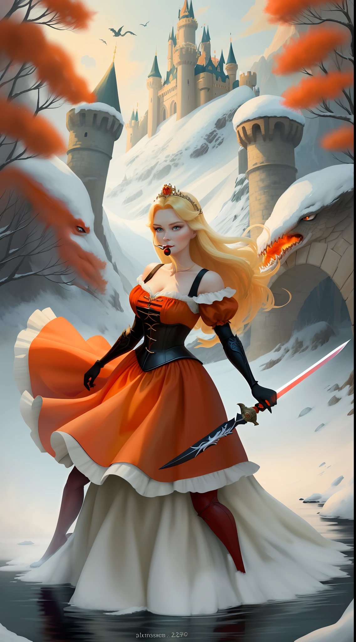 A gorgeous blonde Disney princess at 25 years old, blonde Snow White picks up a sword and fights the dragon wearing a crown in the forest with many cute animals near her., Many flowers of various colors. A sunny day. with a river and a fairytale castle in the background. Walt Disney cartoon-style masterpiece style, multiple angles looking at the camera, large orange and red roses, 3, cute animals, shining in his nostrils and low flames shining in his mouth, (detailed bright eyes:1.1) with haunting look (HyperSmoke:0.4) (Unddep_768:0.4). Snow White fights the dragonO. It's autumn, there's no snow.