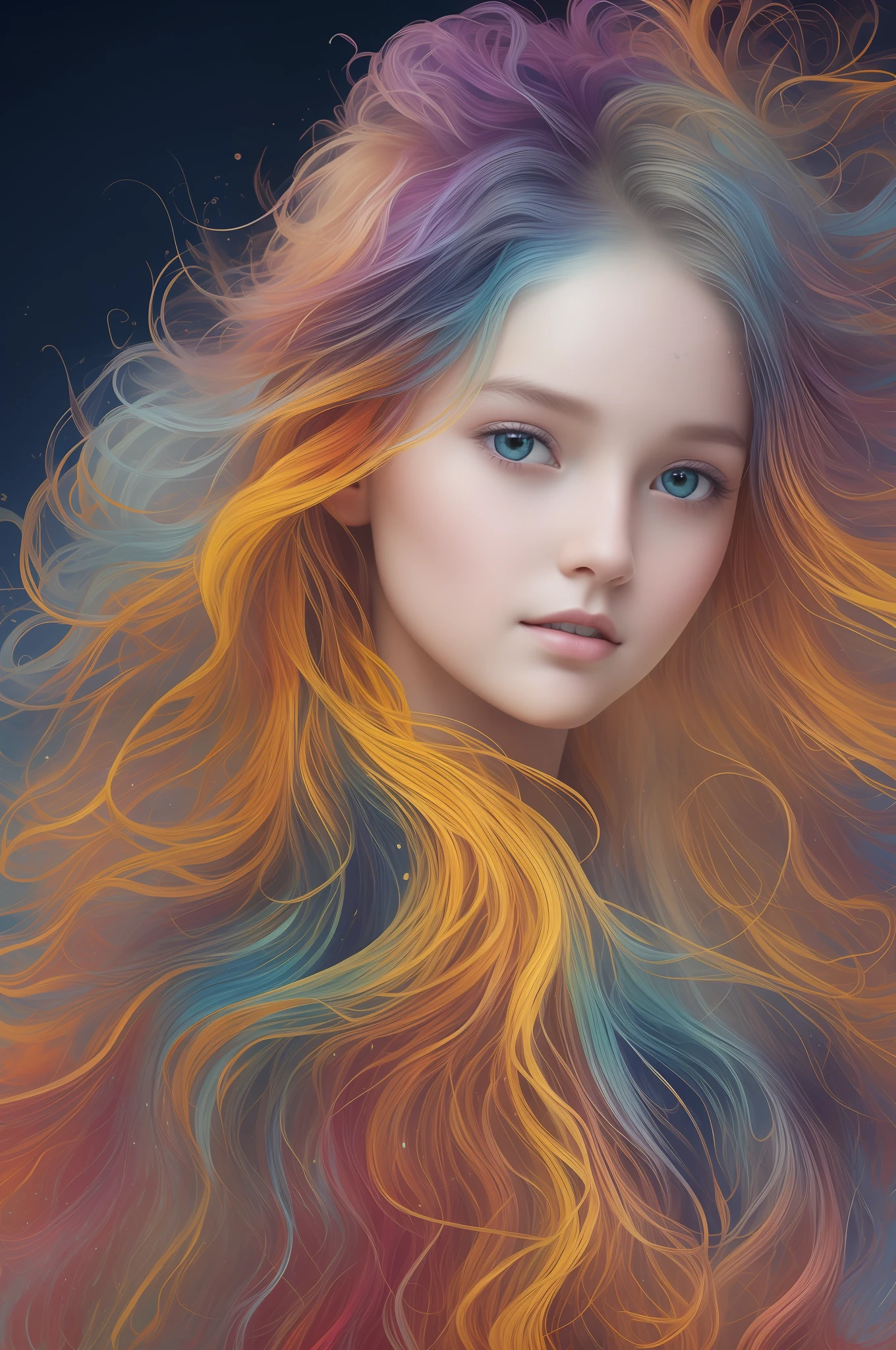Colorful beautiful girl: a giru 8-years old, messy hair, oil painting, nice perfect face with soft skinice perfect face, blue yellow colors, light purple and violet additions, light red additions, intricate detail, splash screen, 8k resolution, masterpiece, cute face,artstation digital painting smooth veryBlack ink flow: 8k resolution photorealistic masterpiece: intricately detailed fluid gouache painting: by Jean Baptiste Mongue: calligraphy: acrylic: watercolor art, professional photography, natural lighting, volumetric lighting maximalist photoillustration: by marton bobzert:, complex, elegant, expansive, fantastical, wavy hair, vibrant