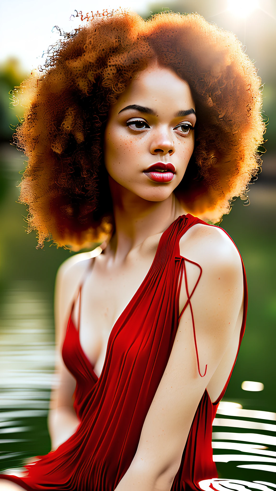 arafed woman with red hair and posing for a picture, with curly red hair, red curly hair, curly red hair, tessa thompson inspired, red magic surrounds her, red curled hair, with red hair, red colored, red afro, red wig, vibrant but dreary red, thick red lips, with curls, strong red hue, vibrant red, close up portrait of a cute woman (gldot) bathing in a river, reeds, (backlighting), realistic, masterpiece, highest quality, lens flare, shade, bloom, [[chromatic aberration]], by Jeremy Lipking, by Antonio J. Manzanedo, digital painting,