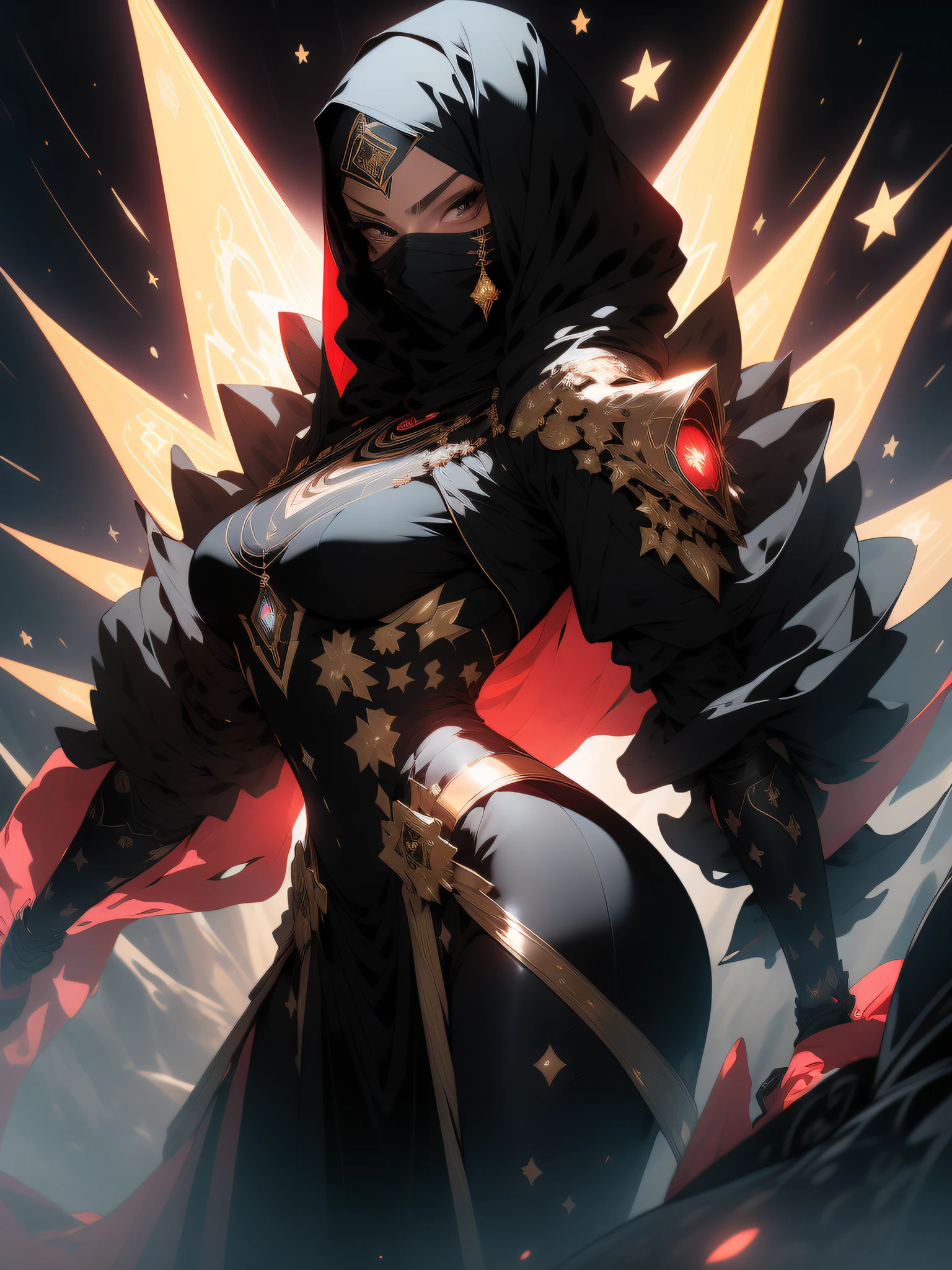 ((Best quality)), ((masterpiece)), (detailed: 1.4), (Absurd), angry princess, ((action pose)), (((black Muslim woman wearing long black dress with gold ornaments and red face covered)))), (((burqa))), (((back))), ready for war, dark skinned, black middle eastern woman, sculptural body with defined muscles, closed mouth, muscular body covered by a Hoyoverse-style technological dress, Honkai Impact, Geishin Impast, technological veil covering the face, Veil covering the head, whole body covered by clothing, holding two scimitars, ((small breasts)), (eyes with heavy makeup and very black without pupils), ((black and gold clothing with small red details)), (((short black hair)), (Arabic inscriptions on the arms), ((designs of golden stars on the arms)), very long eyelashes, heavy eye makeup, lots of jewelry, by mucha, niji --V5, close to real, psychopathic, crazy face, sexy pose, background with a giant Gundam style robot head, 2 piece clothing, diamond shoulder pads, pastel, centered, scale to fit dimensions, HDR (High Dynamic Range),Ray Tracing,NVIDIA RTX,Super-Resolution,Unreal 5,Subsurface dispersion, PBR texture, Post-processing, Anisotropic filtering, Depth of field, Maximum clarity and sharpness, Multilayer textures, Albedo and specular maps, Surface shading, Accurate simulation of light-material interaction, Perfect proportions, Octane Render, Two-tone lighting, Wide aperture, Low ISO, White balance, Rule of thirds, 8K RAW, crysisnanosuit
