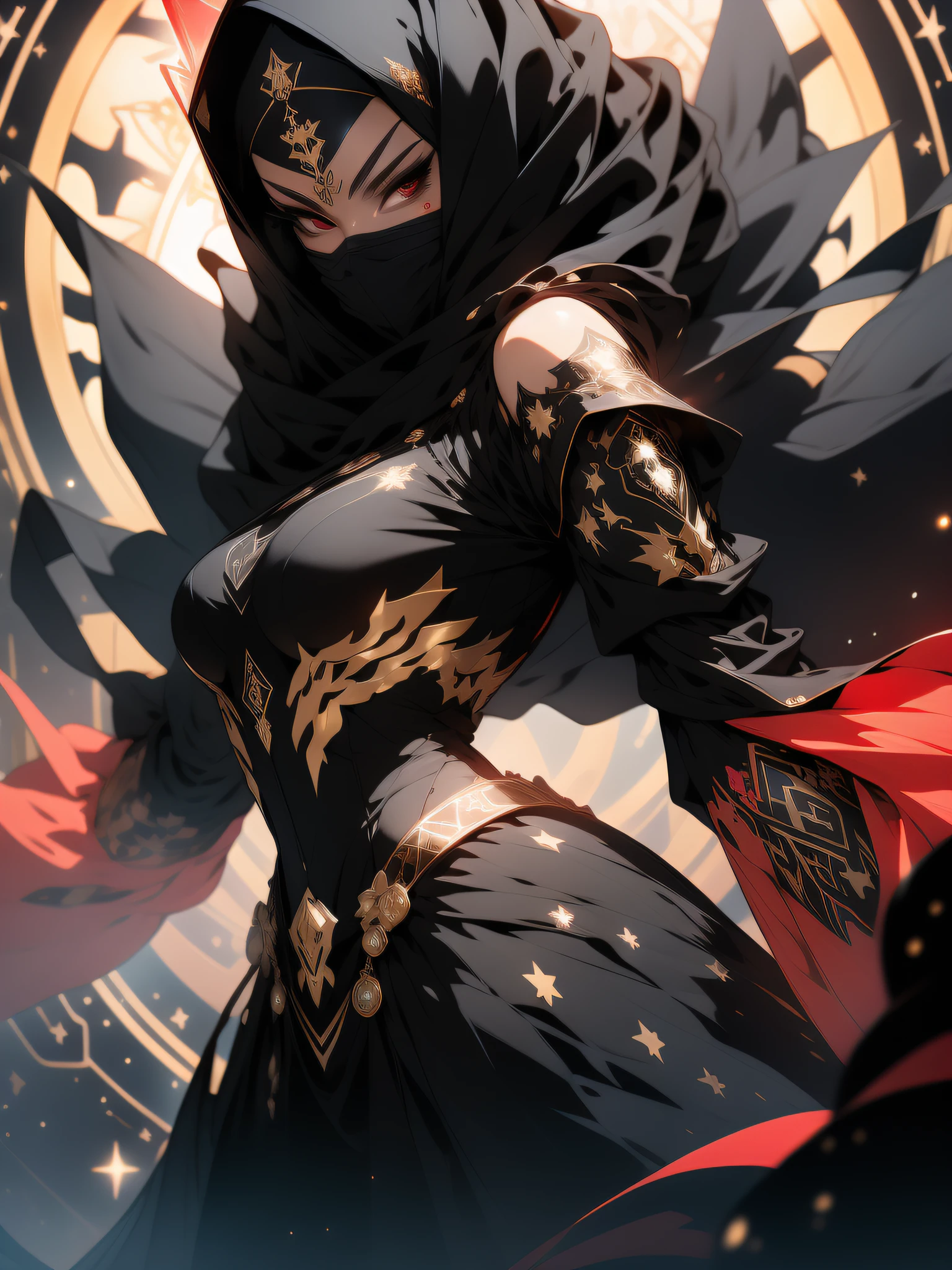 ((Best quality)), ((masterpiece)), (detailed: 1.4), (Absurd), angry princess, ((action pose)), (((black Muslim woman wearing long black dress with gold ornaments and red face covered)))), (((burqa))), (((back))), ready for war, dark skinned, black middle eastern woman, sculptural body with defined muscles, closed mouth, muscular body covered by a Hoyoverse-style technological dress, Honkai Impact, Geishin Impast, technological veil covering the face, Veil covering the head, whole body covered by clothing, holding two scimitars, ((small breasts)), (eyes with heavy makeup and very black without pupils), ((black and gold clothing with small red details)), (((short black hair)), (Arabic inscriptions on the arms), ((designs of golden stars on the arms)), very long eyelashes, heavy eye makeup, lots of jewelry, by mucha, niji --V5, close to real, psychopathic, crazy face, sexy pose, background with a giant Gundam style robot head, 2 piece clothing, diamond shoulder pads, pastel, centered, scale to fit dimensions, HDR (High Dynamic Range),Ray Tracing,NVIDIA RTX,Super-Resolution,Unreal 5,Subsurface dispersion, PBR texture, Post-processing, Anisotropic filtering, Depth of field, Maximum clarity and sharpness, Multilayer textures, Albedo and specular maps, Surface shading, Accurate simulation of light-material interaction, Perfect proportions, Octane Render, Two-tone lighting, Wide aperture, Low ISO, White balance, Rule of thirds, 8K RAW, crysisnanosuit