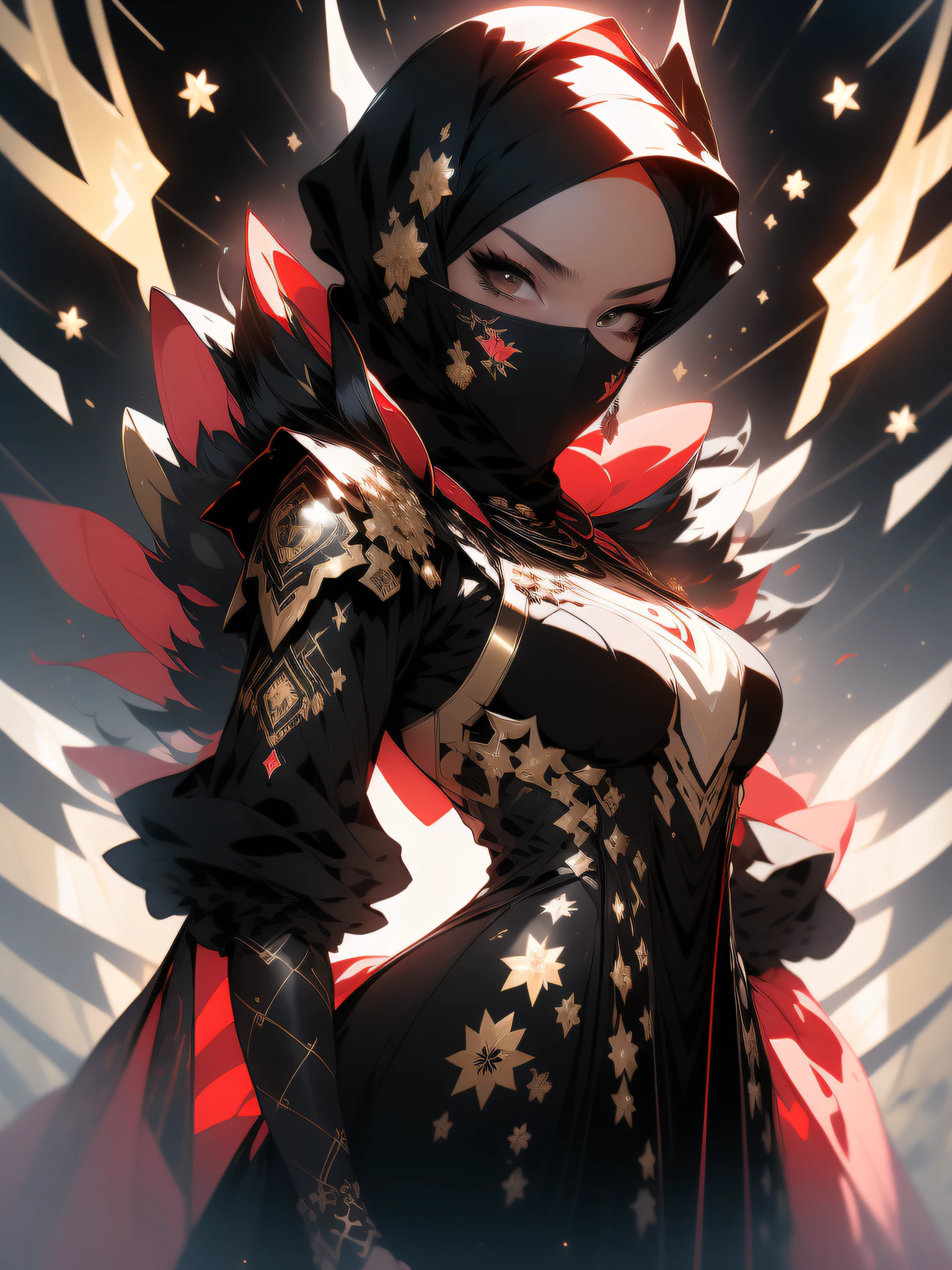 ((Best quality)), ((masterpiece)), (detailed: 1.4), (Absurd), angry princess, (((back))), (((action pose)), (((black Muslim woman wearing long red dress with gold and black ornaments face covered)))), (((burqa))), (((back))), ready for war, dark skinned, black middle eastern woman, sculptural body with defined muscles, closed mouth, muscular body covered by a Hoyoverse-style technological dress,  Honkai Impact, Geishin Impast, technological veil covering the face, Veil covering the head, whole body covered by clothing, holding two scimitars, ((small breasts)), (eyes with heavy makeup and very black without pupils), ((black and gold clothing with small red details)), (((short black hair)), (Arabic inscriptions on the arms), ((drawings of golden stars on the arms)), very long eyelashes,  heavy eye makeup, lots of jewelry, by mucha, niji --V5, close to real, psychopathic, crazy face, sexy pose, background with a giant Gundam style robot head, 2 piece clothing, diamond shoulder pads, pastel, centered, scale to fit dimensions, HDR (High Dynamic Range),Ray Tracing,NVIDIA RTX,Super-Resolution,Unreal 5,Subsurface dispersion, PBR texture,  Post-processing, Anisotropic filtering, Depth of field, Maximum clarity and sharpness, Multilayer textures, Albedo and specular maps, Surface shading, Accurate simulation of light-material interaction, Perfect proportions, Octane Render, Two-tone lighting, Wide aperture, Low ISO, White balance, Rule of thirds, 8K RAW, crysisnanosuit