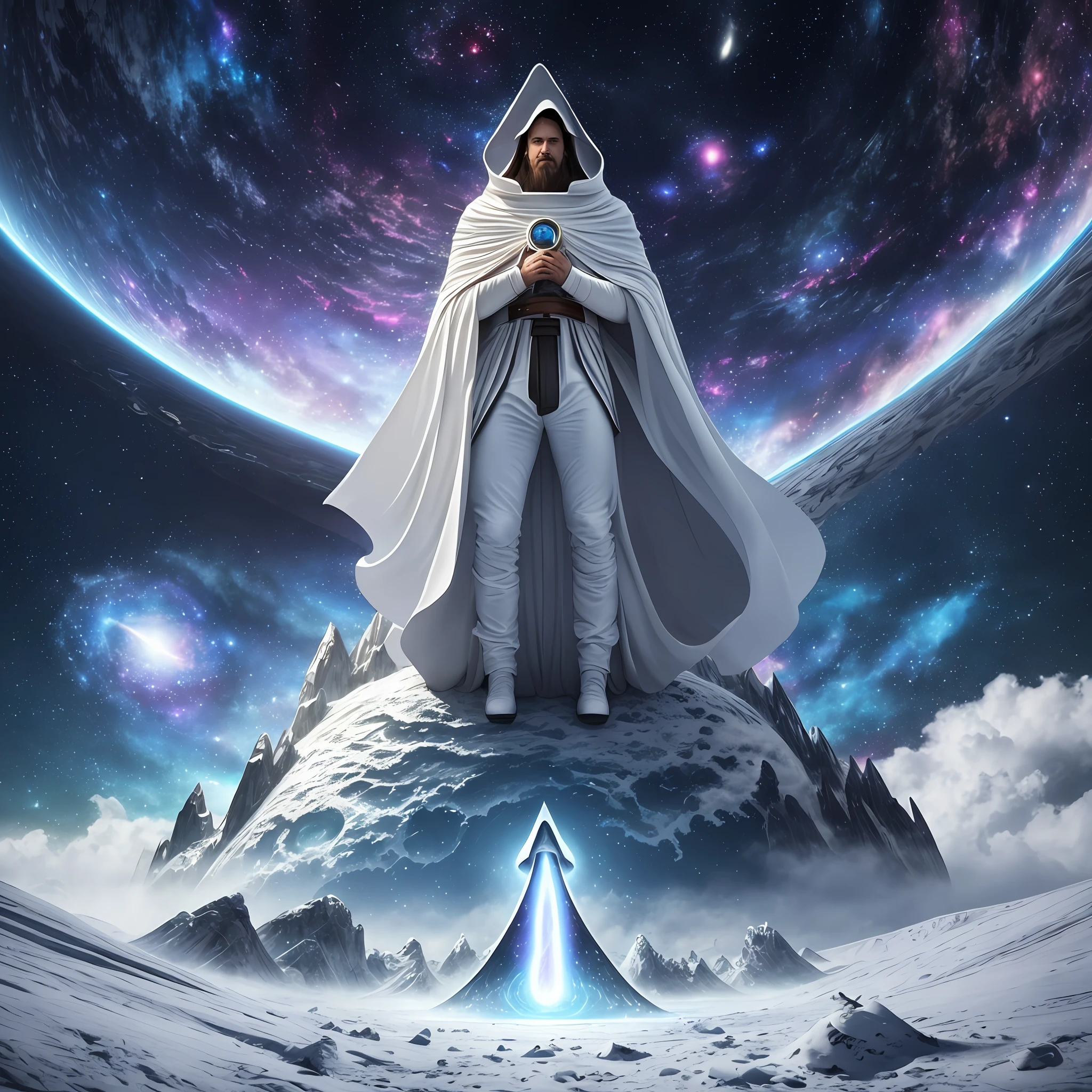 Gigantic man wrapped in a white cloak on top of a planet in front of a spiral vortex with a background of galaxies, magical portal in the sky, cloud vortex, brilliant magical time portal, highly detailed in 32k, hyper detailed, hyper sharp, hyper realistic, hyper intricate, photorealism style