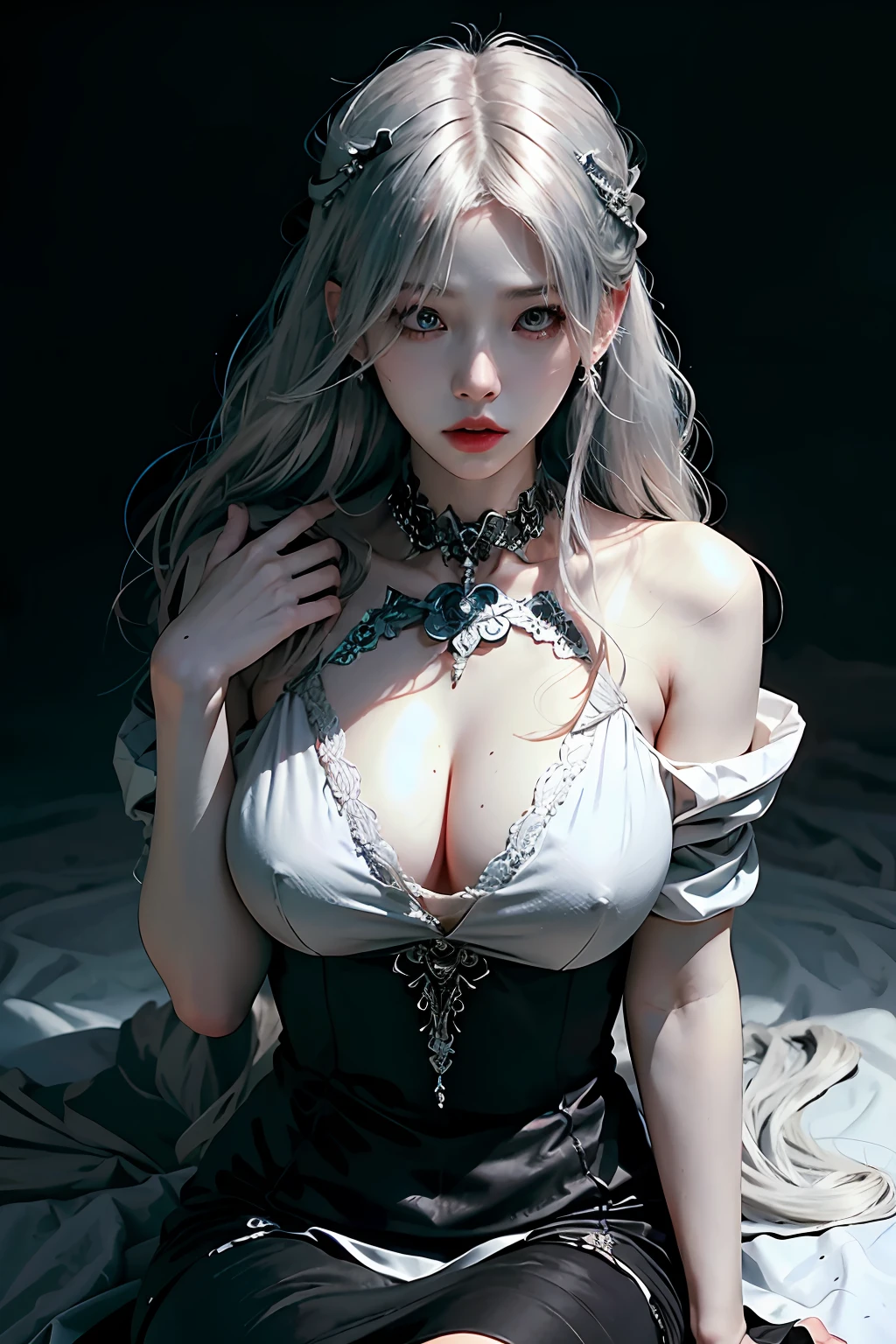 unparalleled masterpiece, ultra realistic, 8k, CG, perfect artwork, ((perfect female figure)), white hair, mature female, milf, narrow waist, deity, looking at the viewer, seductive posture, alluring, clean, beautiful face, pure face, pale skin, (beautiful black dress,stocking),(sitting,upper body,large breast,)  1girl, (ulzzang-6500:0.7), kpop idol,\n(firekeeper), (((silver eye patch,cover eyes))), \n
