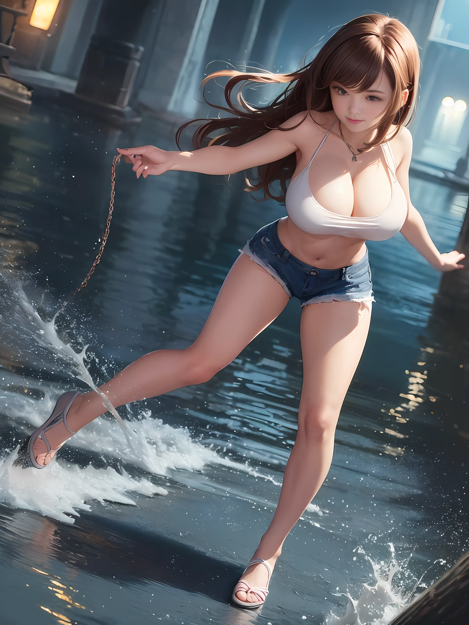 (((: 1.4))), (Beauty, head is small)), smile, sunlight, sunlight, (chiseled abs: 1.1), (Perfect body: 1.1), (Short wavy hair: 1.2), reddish brown hair, collar, chain, full body shot, white tank top, ((shorts)), seaside, beach, (very detailed CG 8k wallpaper), (very delicate and beautiful), (masterpiece), ( Best Quality: 1.0), (Ultra High Definition: 1.0), Beautiful Lighting, Perfect Lightning, Realistic Shadows, [High Definition], Detailed Skin, Ultra Detail
