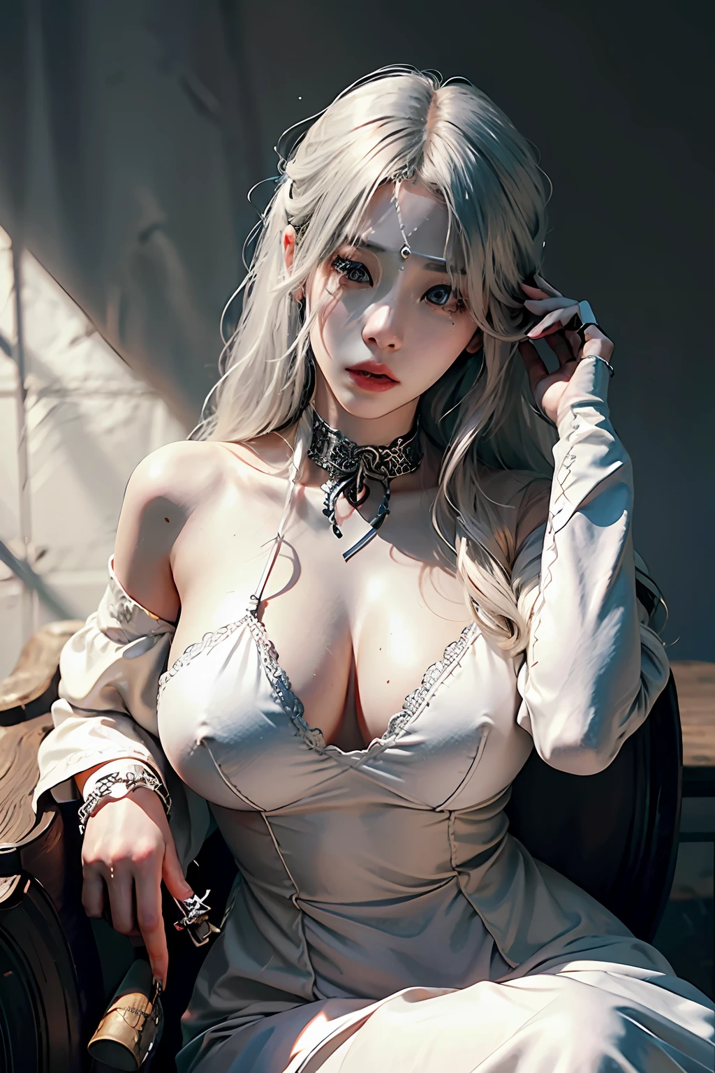 unparalleled masterpiece, ultra realistic, 8k, CG, perfect artwork, ((perfect female figure)), white hair, mature female, milf, narrow waist, deity, looking at the viewer, seductive posture, alluring, clean, beautiful face, pure face, pale skin, (beautiful black dress,stocking),(sitting,upper body,large breast,) 1girl, (ulzzang-6500:0.7), kpop idol,\n(firekeeper), (((silver eye patch,cover eyes))), \n