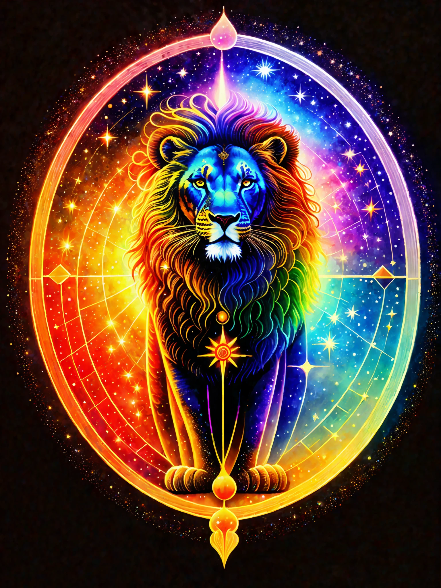a colorful painting of the solar system on a black background,, breathtaking rendering, within a radiant connection, inspired by Kinuko Y. Craft,, magical elements, lion icon of the tribe of Judah, wow, is beautiful, casting a multi colorful spell, bright flash, flash