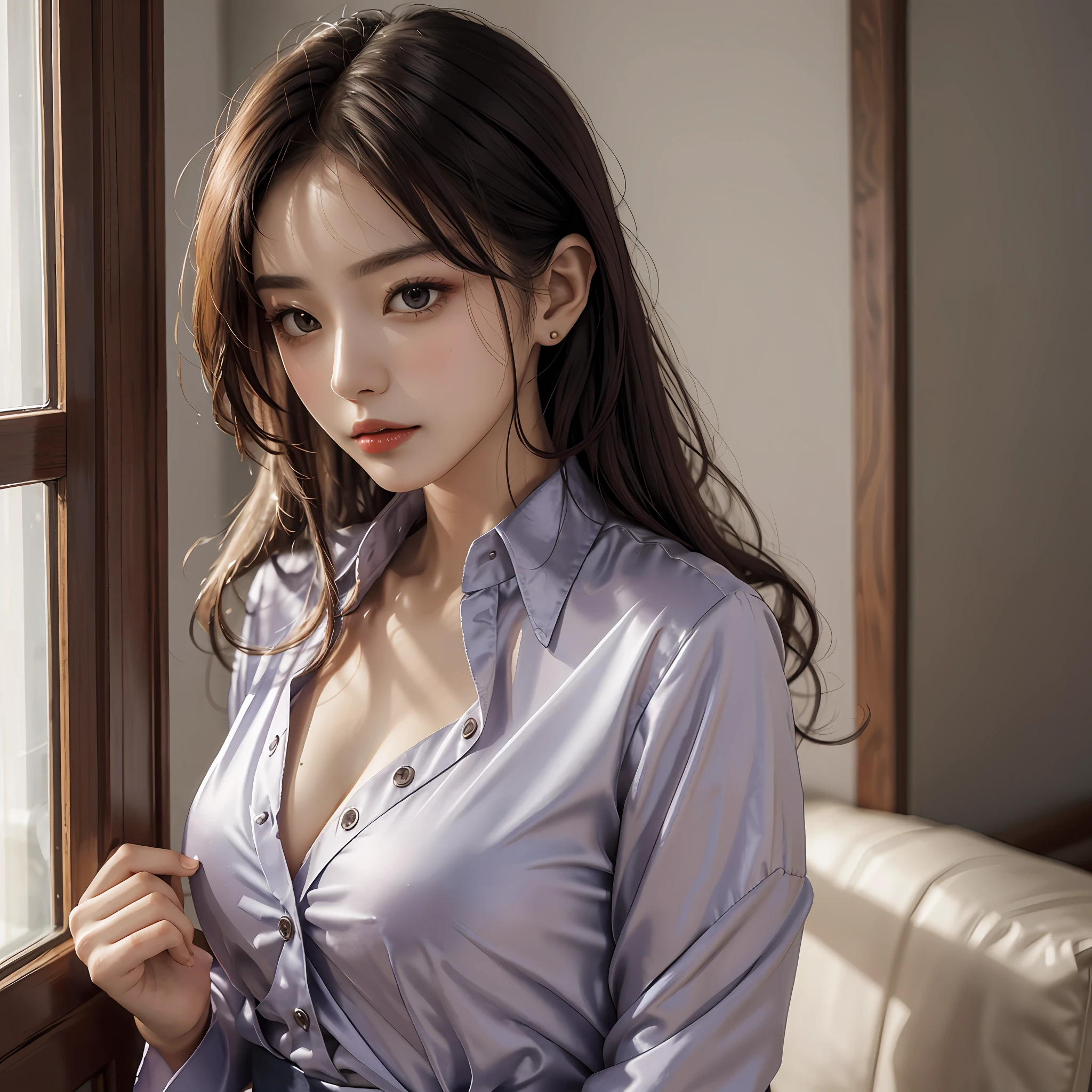 Wearing a satin blouse, the blouse material is satin, strong shiny and smooth to the touch, the buttons in front of the blouse are fastened, the bra is not on, the blouse is fit to the body, the chest is C cup, Japan fashion model, wearing a shirt