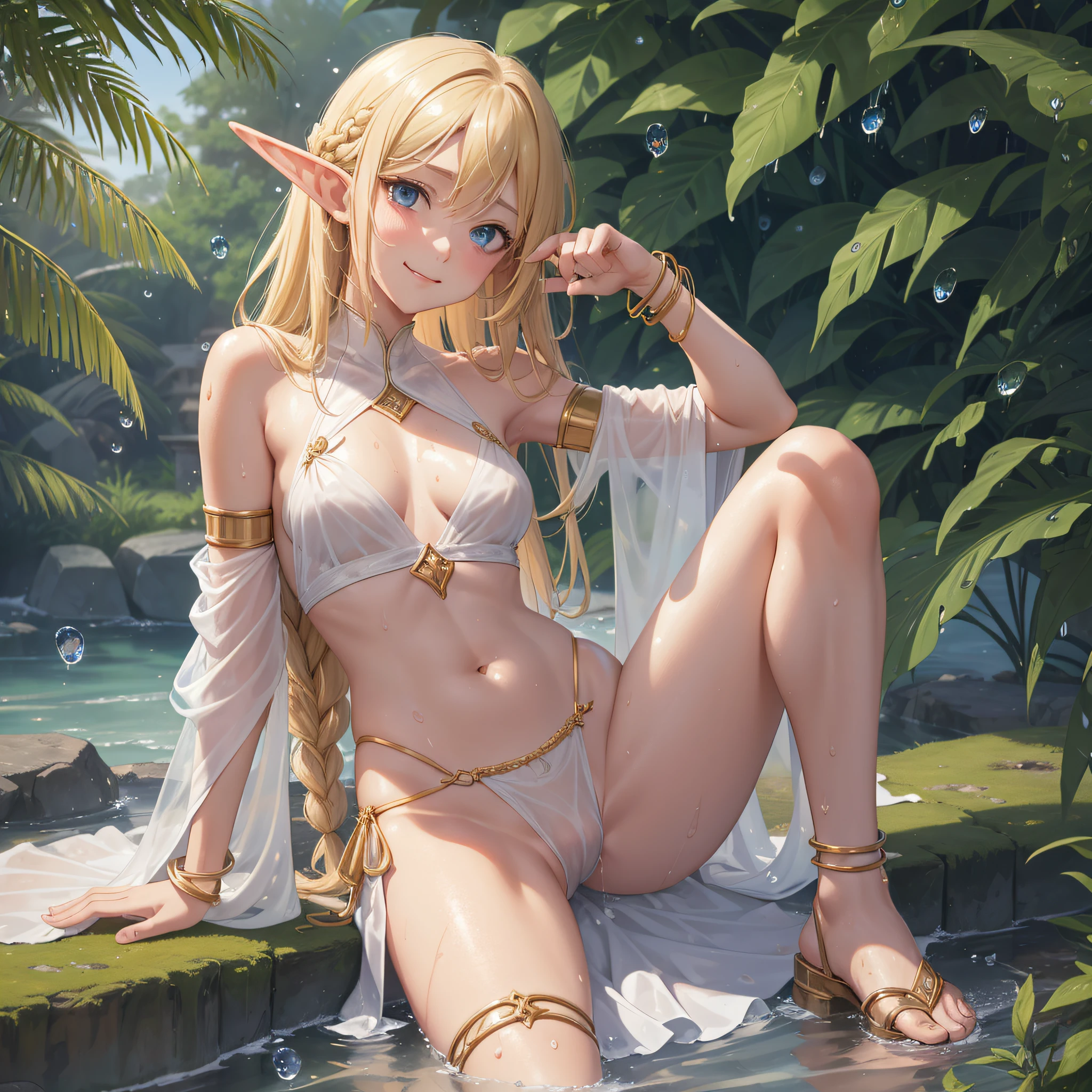 2D illustration, anime style, beautiful girl, elf, 12 years old, blonde, blue eyes, hair ornament, smiling, dancing, chest open, all white ultra-thin fabric, see-through ancient style robe, (without panties)), (the tip of the chest is raised and protruding)), (the entire chest is showing through), floating hem, collar, bangle, anklet, sandal, ((Close-up of the person, low angle , crotch up, exposed closed crotch, crotch water droplets)), wet body, wet clothing, ancient ruins eroded by vegetation, waterside, light on the surface of the water, wind blowing, ambient occlusion, halation