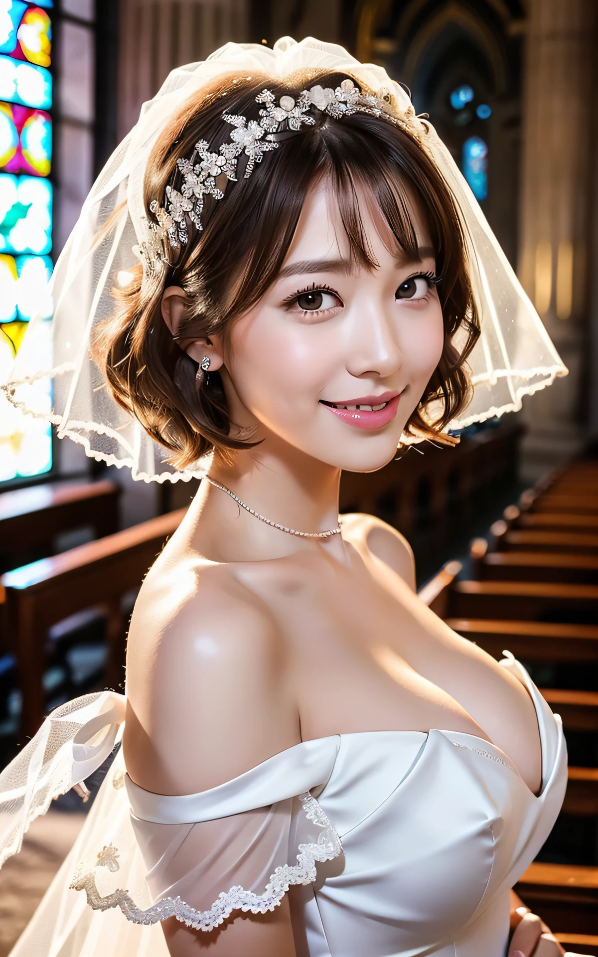 Photograph of a woman herself, one young girl, double eyelids, (big: 1.2), sexy bride, (pure white wedding dress, wedding veil)), (deep slit: 1.2), (smile: 1.1), off-shoulder, (in church)), cleavage cutout, (selfie), (sideboob), (portrait), (bob cut), ( close to viewer)、(strong light)