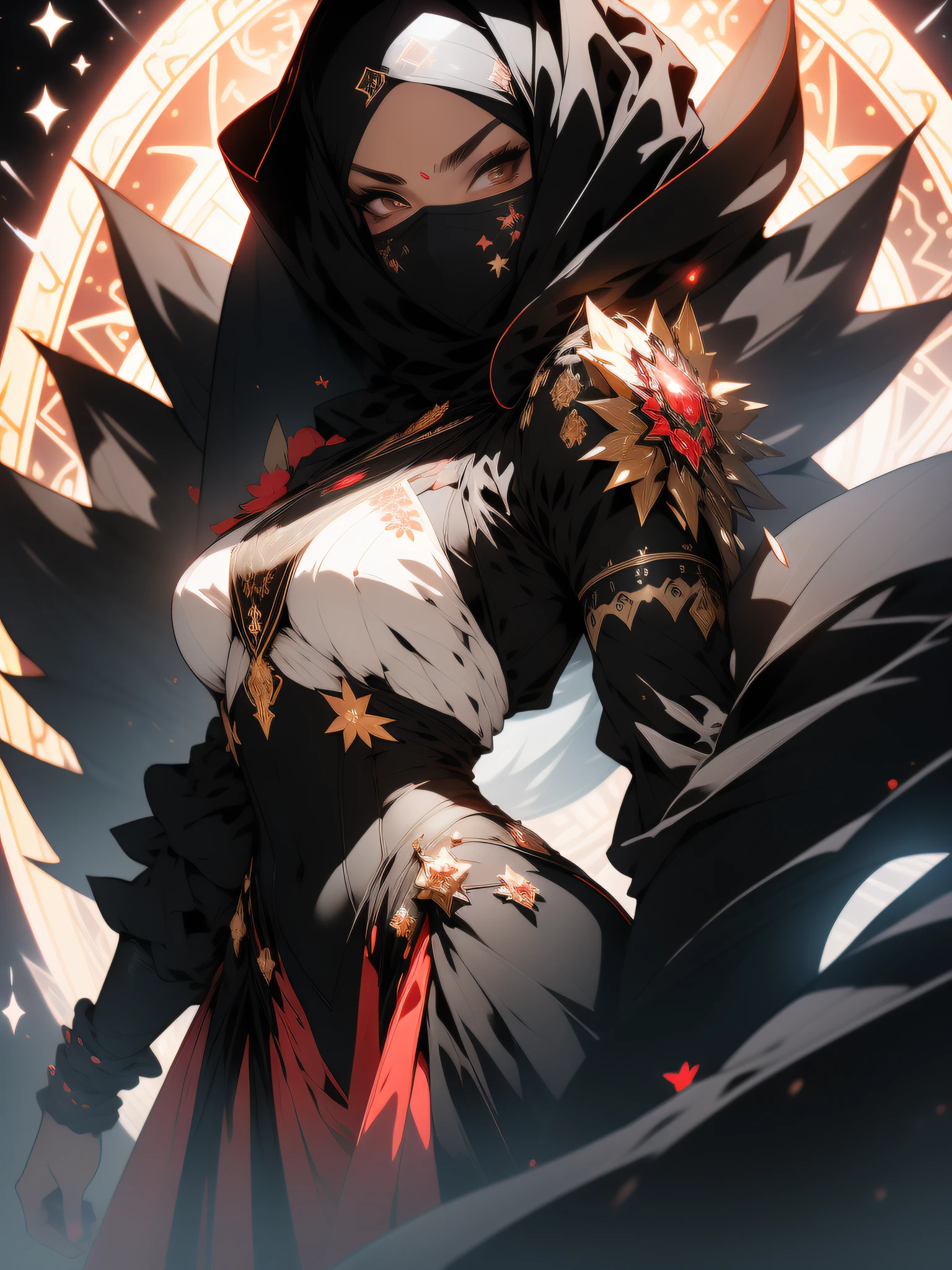 ((Best quality)), ((masterpiece)), (detailed: 1.4), (Absurd), angry princess, (((back))), (((action pose)), (((black Muslim woman wearing long red dress with gold and black ornaments face covered)))), (((burqa))), (((back))), ready for war, dark skinned, black middle eastern woman, sculptural body with defined muscles, closed mouth, muscular body covered by a Hoyoverse-style technological dress, Honkai Impact, Geishin Impast, technological veil covering the face, Veil covering the head, whole body covered by clothing, holding two scimitars, ((small breasts)), (eyes with heavy and very black makeup without pupils), ((red and gold clothing with small black details)), (((short black hair)), (Arabic inscriptions on the arms), ((drawings of golden stars on the arms)), very long eyelashes, heavy eye makeup, lots of jewelry, by mucha, niji --V5, close to real, psychopathic, crazy face, sexy pose, background with a giant Gundam style robot head, 2 piece clothing, diamond shoulder pads, pastel, centered, scale to fit dimensions, HDR (High Dynamic Range),Ray Tracing,NVIDIA RTX,Super-Resolution,Unreal 5,Subsurface dispersion, PBR texture, Post-processing, Anisotropic filtering, Depth of field, Maximum clarity and sharpness, Multilayer textures, Albedo and specular maps, Surface shading, Accurate simulation of light-material interaction, Perfect proportions, Octane Render, Two-tone lighting, Wide aperture, Low ISO, White balance, Rule of thirds, 8K RAW, crysisnanosuit