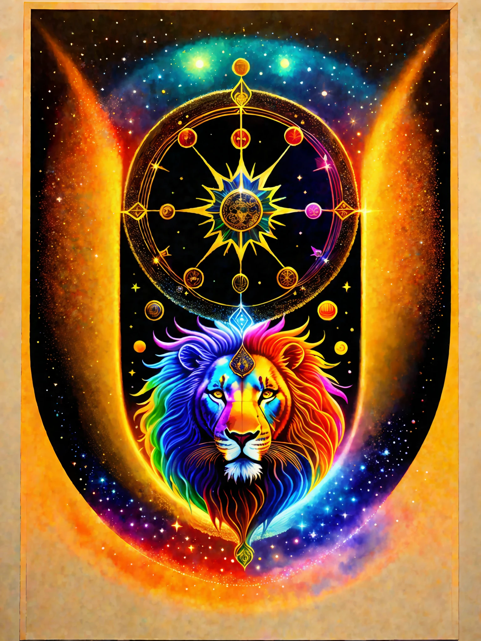 a colorful painting of the solar system on a black background,, breathtaking rendering, within a radiant connection, inspired by Kinuko Y. Craft,, magical elements, lion icon of the tribe of Judah, wow, is beautiful, casting a multi colorful spell, bright flash, flash