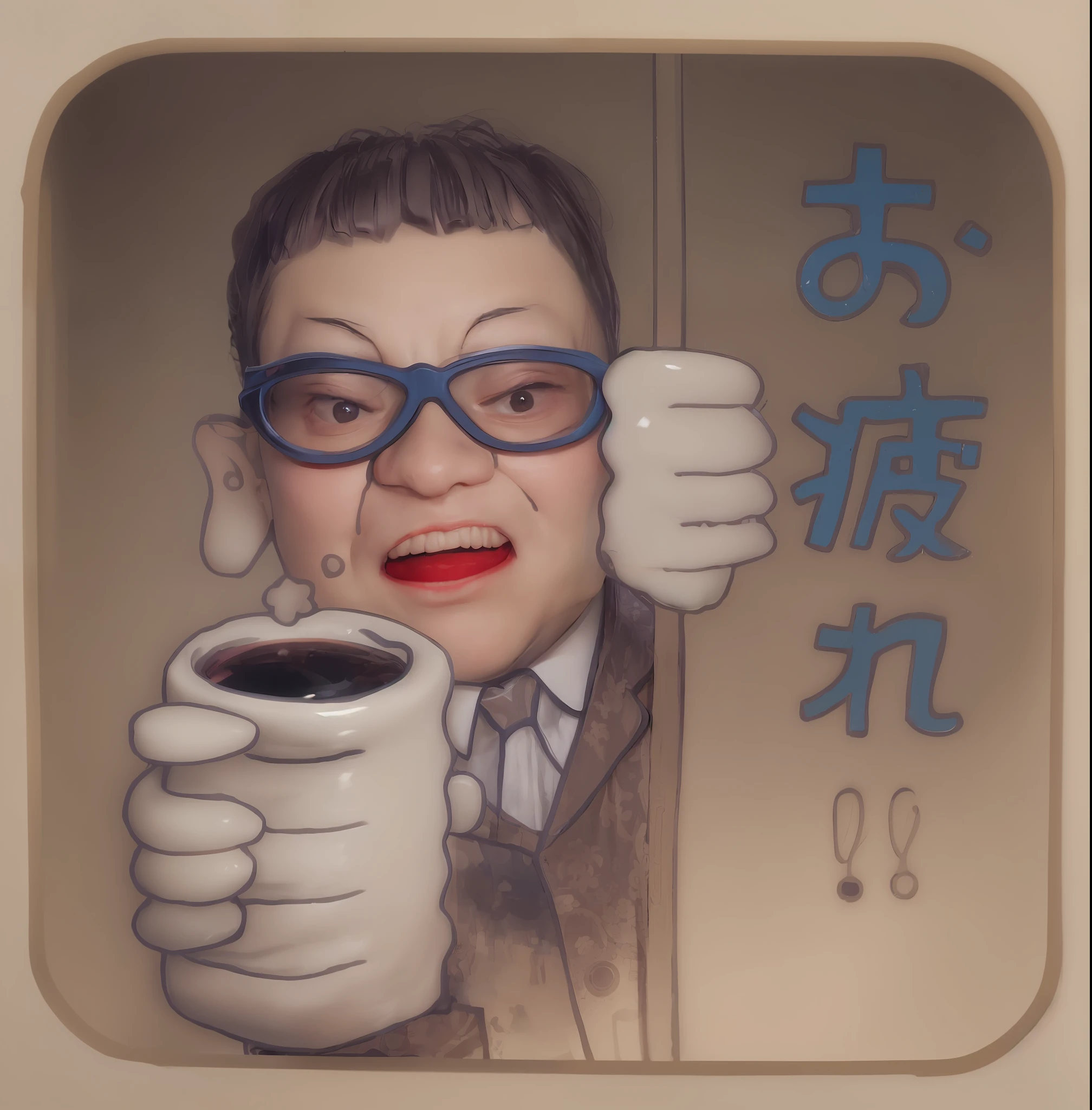 smile, mouth closed, balanced eyes, big eyes,
(Top Quality Detail: 1.2), Realistic, 8K High Definition, Ultra Detail, High Quality Textures, Intricate Detail, Highly Detailed CG, Uncle with White Rimmed Glasses, Holding a Black Teacup, Red Tie, Dark Blue Suit, Photorealistic