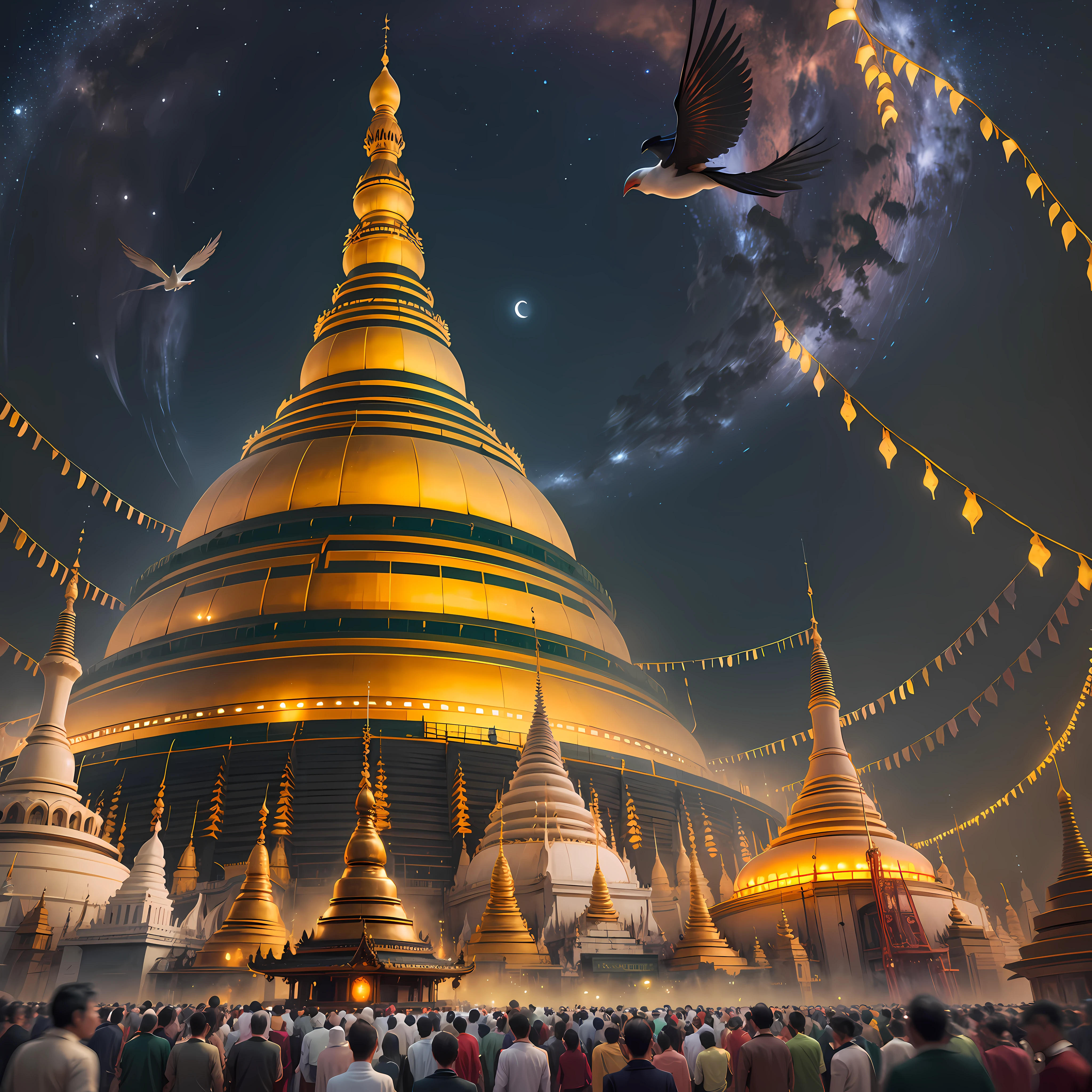 Shwedagon Pagoda,Night view,Birds are flying in above of Shwe dagon, and Shwe dagon around many people are standing ,out of the round of shwe dagon,many bulding have --auto --s2