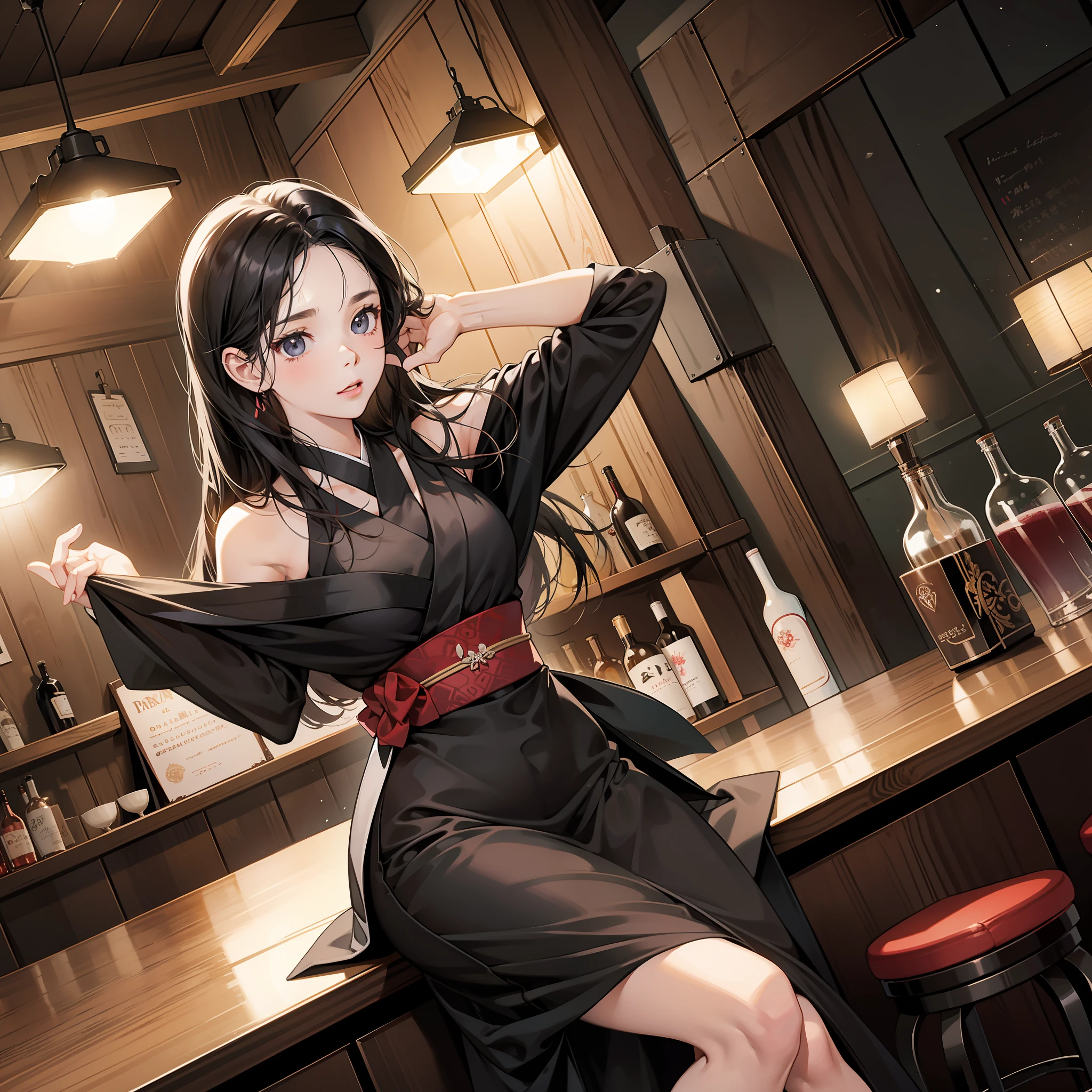 In the bar, a woman, surprised, black dress, hands up, conservative, long black hair, sitting on a stool, a glass of wine on the bar, from Girl Front, Girl Front style, smooth anime CG art, Japanese anime style