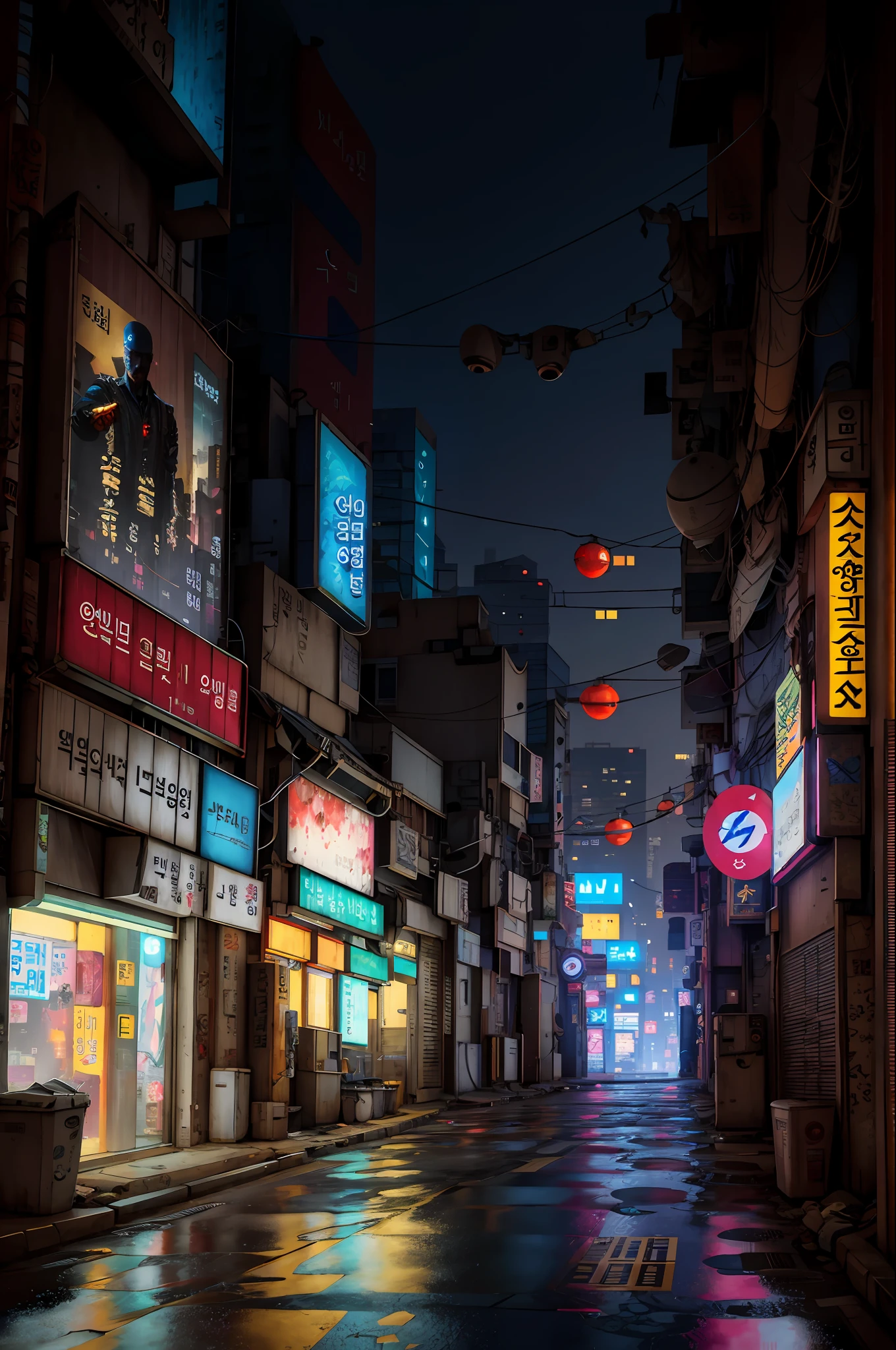 lonely ally in Seoul, cyberpunk city from sci-fi movie, empty street, Korean, Korean signs, intricate, hyper-detailed, realistic, ultra-realistic, high quality, ultra detail, crazy detail, photo realism, 8k