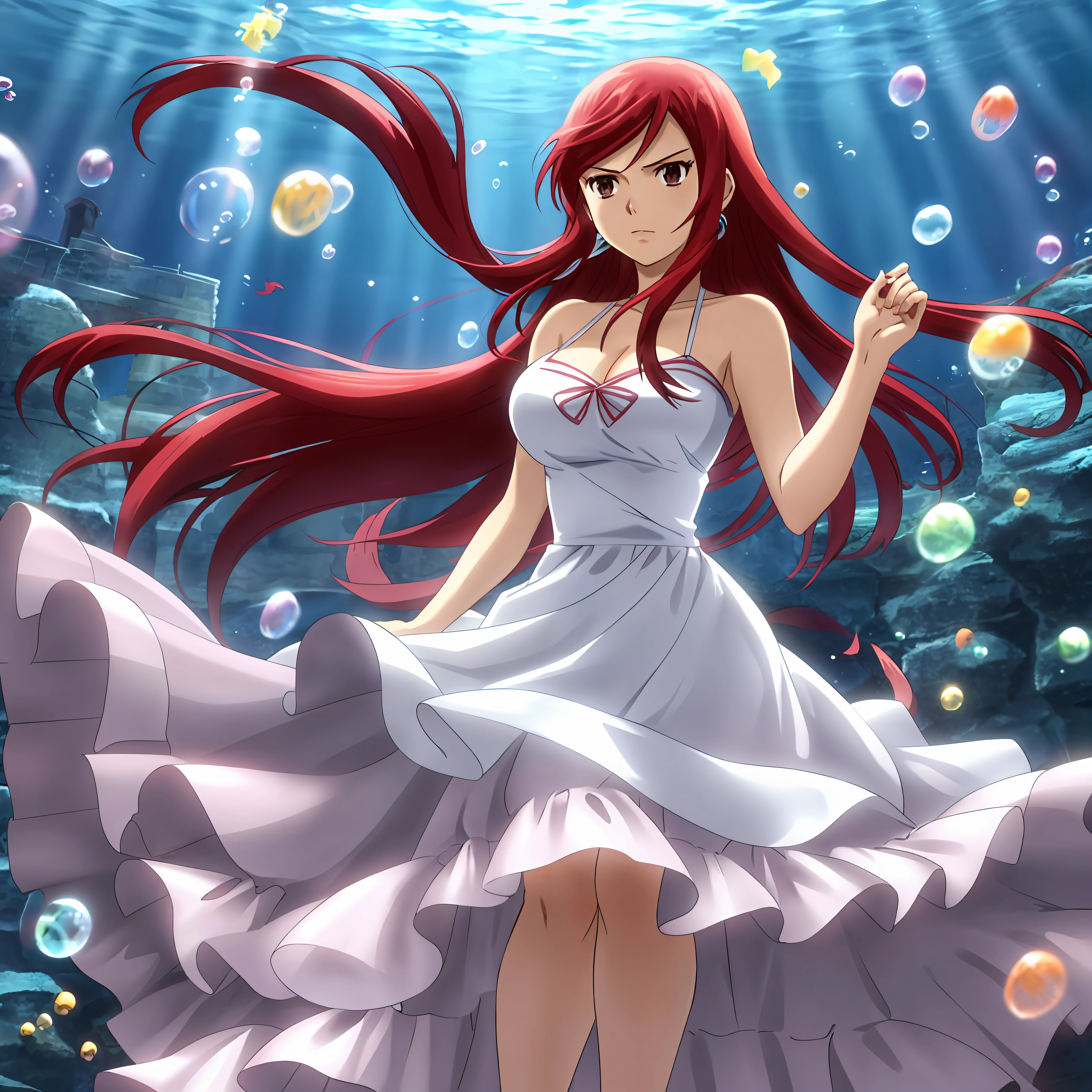 1girl, solo, erza scarlet, fairy tail, red hair, brown eyes, dress, long hair, breasts, underwater, cleavage, bubble, white dress, air bubble, jewelry, large breasts, earrings,