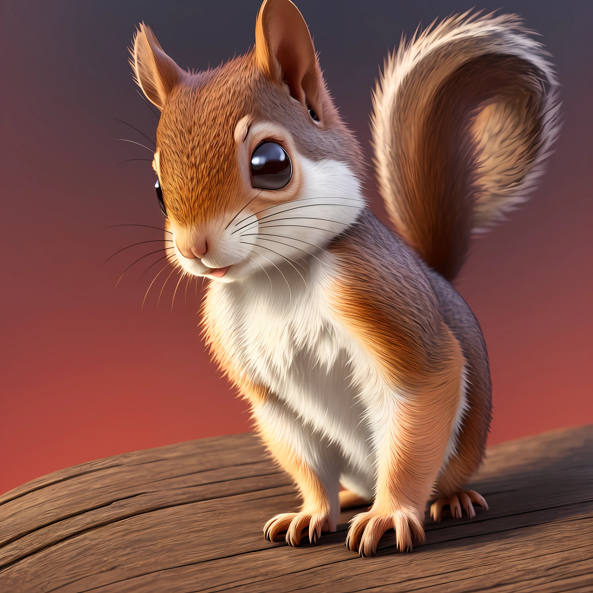 A small squirrel wearing a red sweatshirt, looking up, solid color background, full body, Pixar, portrait, detailed, 3D rendering, Disney style, super detailed, digital art, 8k, digital painting, super detailed and cute --auto --s2
